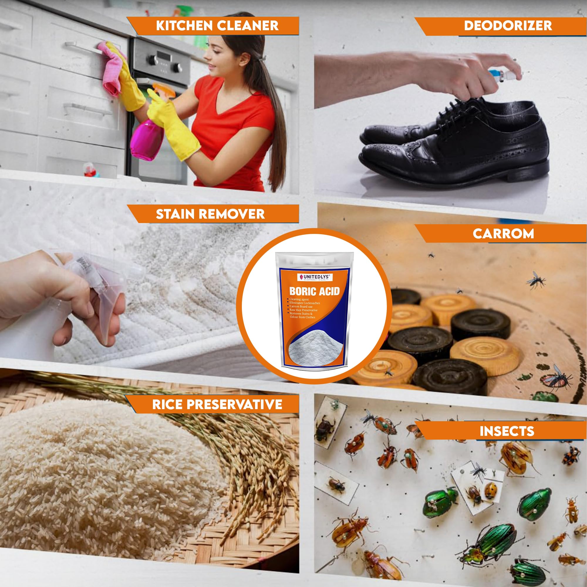 Unitedlys 100% Pure Boric Acid Powder - 380g Multi-Purpose Cockroach Killer, Carrom Powder & Rice Preservative | Effective Pest Control for Home, Kitchen & Game Rooms