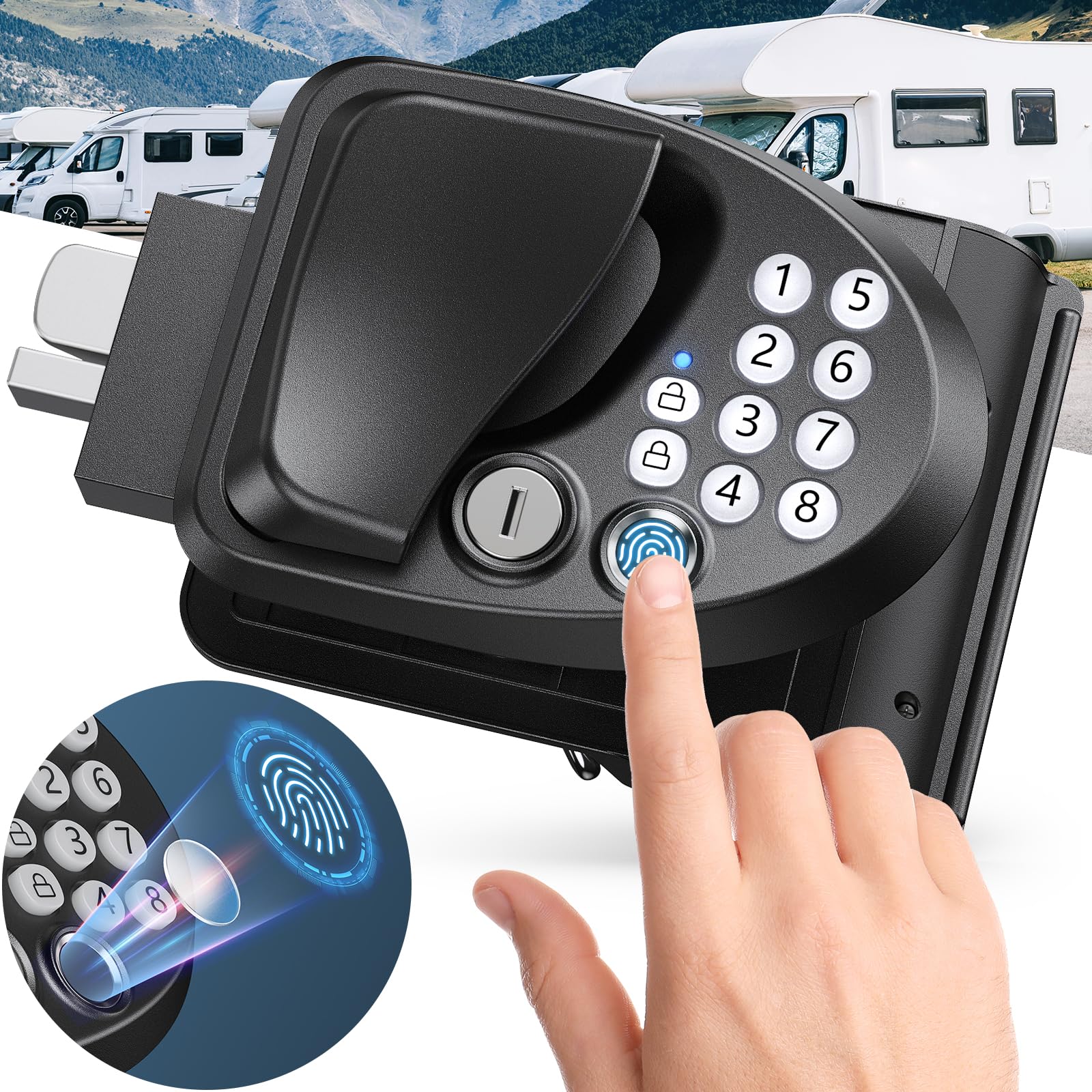 RISTOW RV Keyless Entry Door Lock - Fingerprint, Password, 2 Fobs & 4 Keys - All Metal RV Door Latch RL005 - Fits 2.75