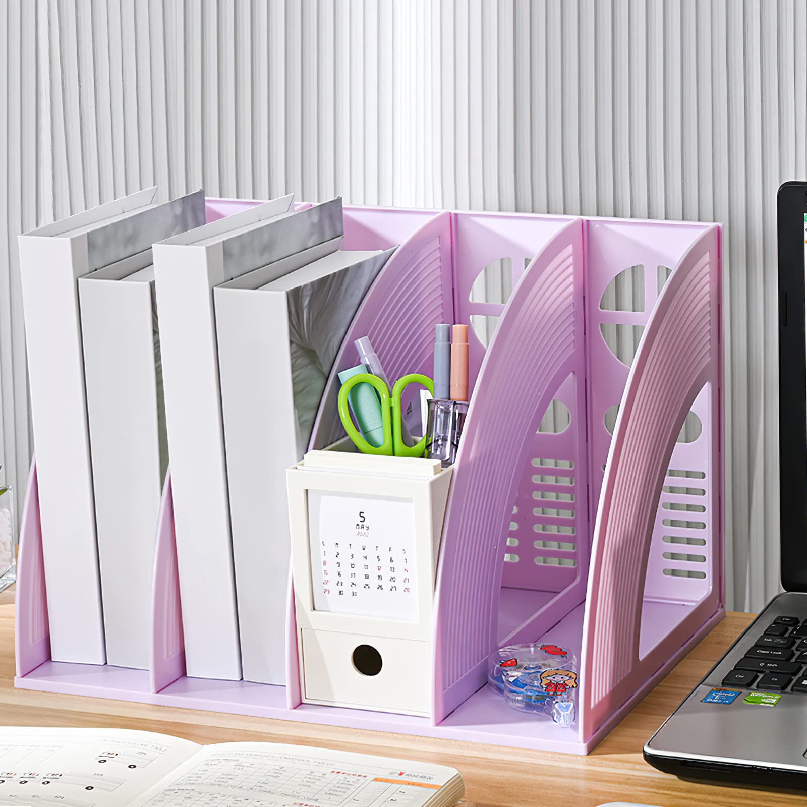 Marte Vanci Vertical Magazine File Holder - 4-Section PP Plastic Desktop Organizer for Books, Documents & Office Supplies - Sturdy Storage Folder (Purple) - Perfect for Home Office, School & Workspace Organization