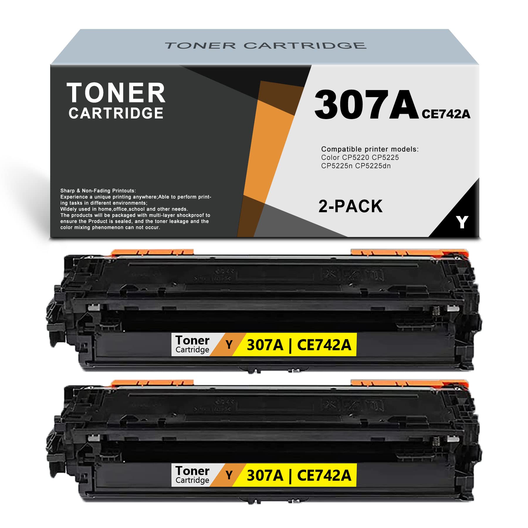 2 Pack Remanufactured Yellow Toner Cartridge CE742A 307A - Compatible with HP CP5225n CP5225dn CP5220 CP5225 Printers - High Yield Replacement for Office & Home Printing Needs