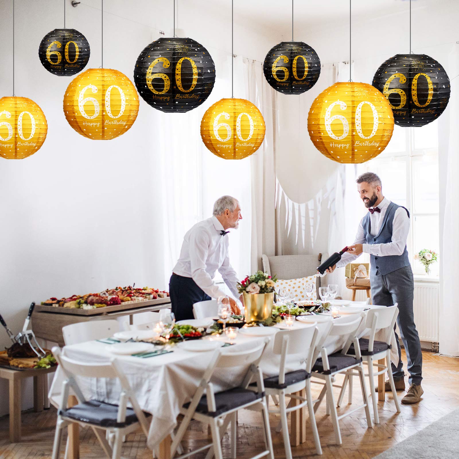 6 Pack Black Gold Glitter Hanging Paper Lanterns - Birthday Party Decorations for Men, Women, Teens - 60th Anniversary Party Supplies - Perfect for Indoor/Outdoor Celebrations, Baby Showers & Graduations