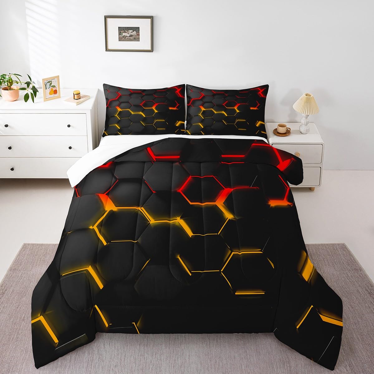 Manfei Full Size Honeycomb Geometric Hexagon Comforter Set - 3 Piece Luxury Down Duvet Insert with 2 Pillowcases | Modern Bedding for Kids, Boys & Teens Room Decor in Yellow Red Neon Lights | Perfect for Cozy Sleep, Dorm Essentials & Stylish Bedroom Makeover