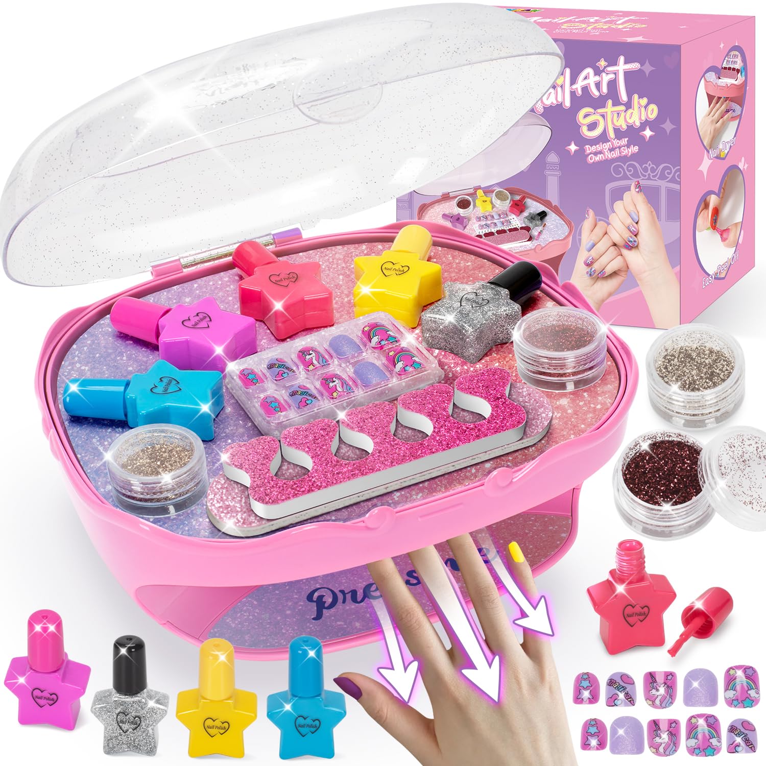 **Girls Nail Polish Set - 12 Colors Non-Toxic Nail Polish Kit with Nail Dryer, Fake Nails, Glitter & Toe Separator - Perfect Birthday Gift for Girls Ages 5-10 - Fun Nail Art for Kids Parties & Playtime**