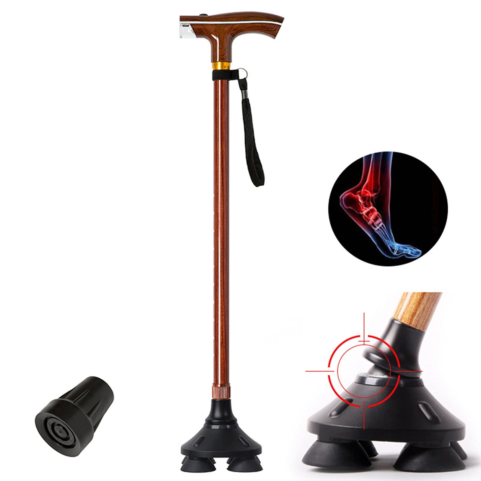 GLYIG Folding Walking Cane - Adjustable Telescopic Cane with LED Light & 4 Prong Base - Lightweight Mobility Aid for Seniors & Disabled (Mahogany) | Ideal for Indoor/Outdoor Use, Travel & Daily Support