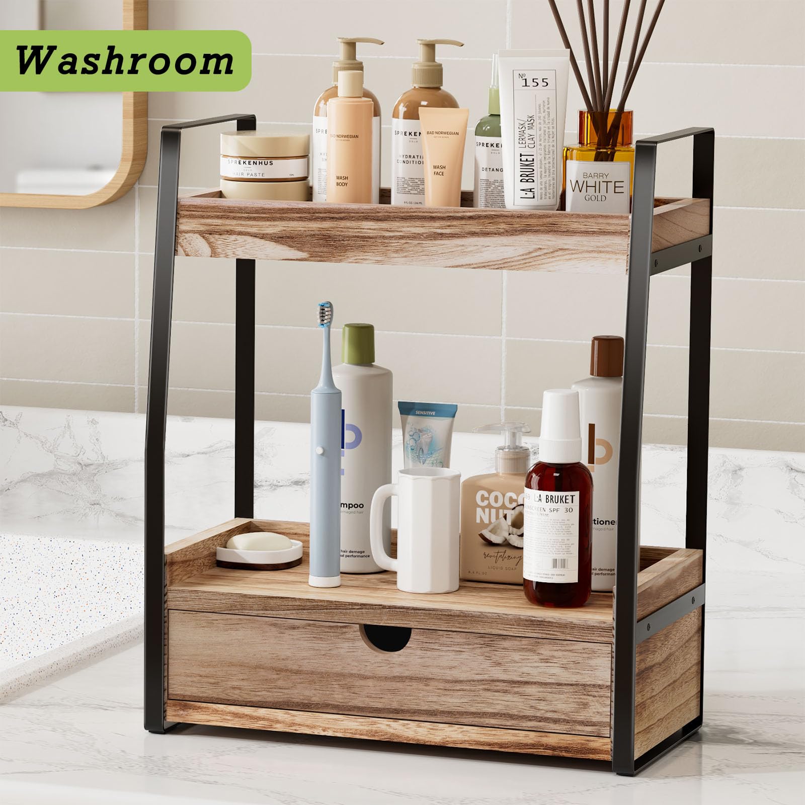 2-Tier Bathroom Counter Organizer with Drawer - Vanity Shelf Organizer for Makeup, Cosmetics & Toiletries - Space Saving Storage for Bathroom, Kitchen & Office - Rustic Brown Countertop Organizer (Perfect for Small Spaces & Clutter-Free Vanity)