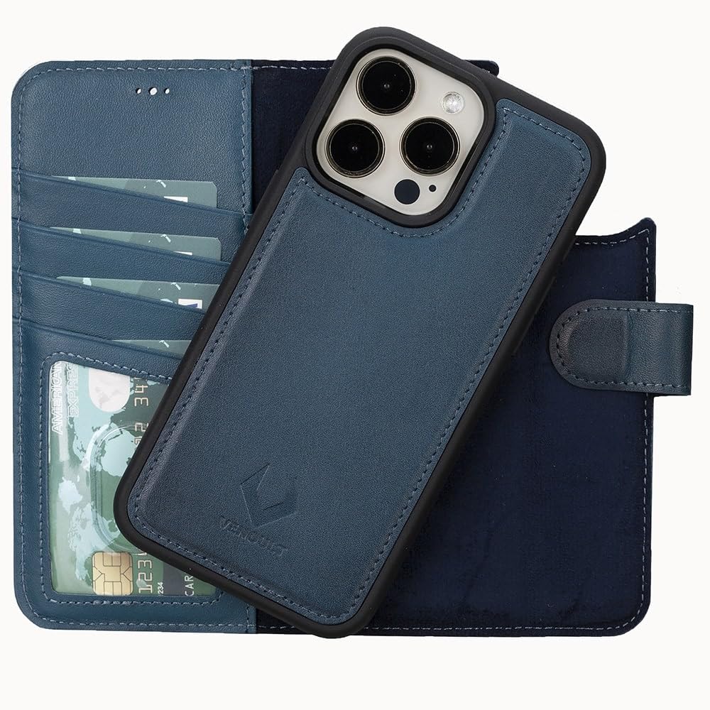 VENOULT Detachable Wallet Case for iPhone 15 Pro MAX - Genuine Leather Magsafe Compatible Cover with 4 Card Slots, RFID Protection & Kickstand | Slim Folio Design for Men & Women (Admiral Blue) | Perfect for Work, Travel & Everyday Use