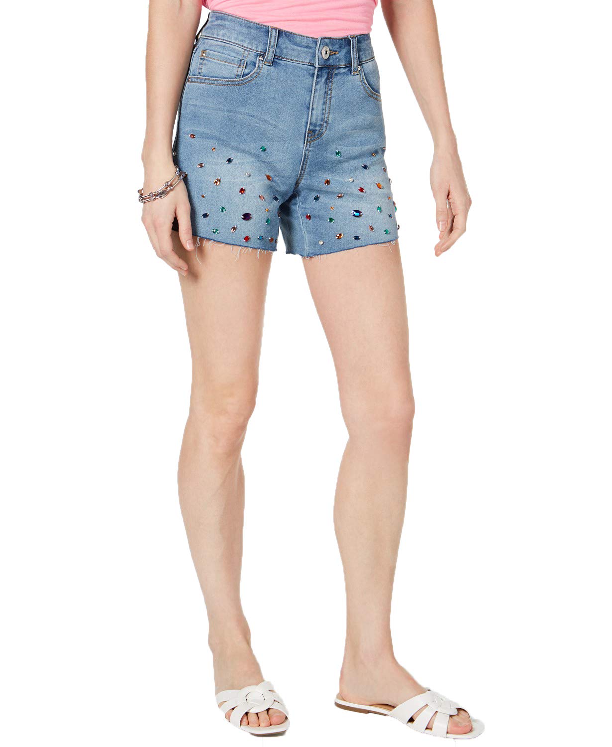 INC International Concepts Women's Rainbow Rhinestone Raw Hem Denim Shorts - Trendy Distressed High Waist Jean Shorts for Summer, Beach, and Casual Outings