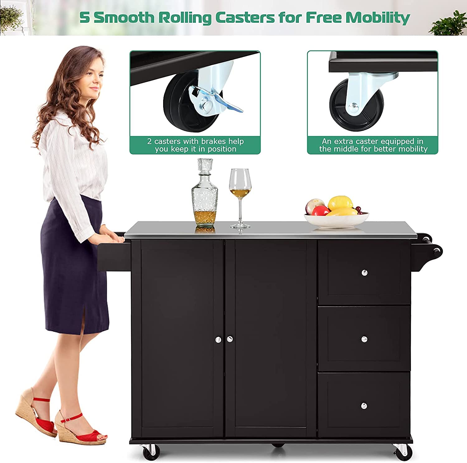 Premium Kitchen Cart with Stainless Steel Top & Storage - Mobile Kitchen Island on Wheels with Adjustable Shelf, 3 Drawers & Spice Rack - Perfect for Small Kitchens, Dining Rooms & Living Rooms - Ideal for Meal Prep, Extra Counter Space & Home Organization