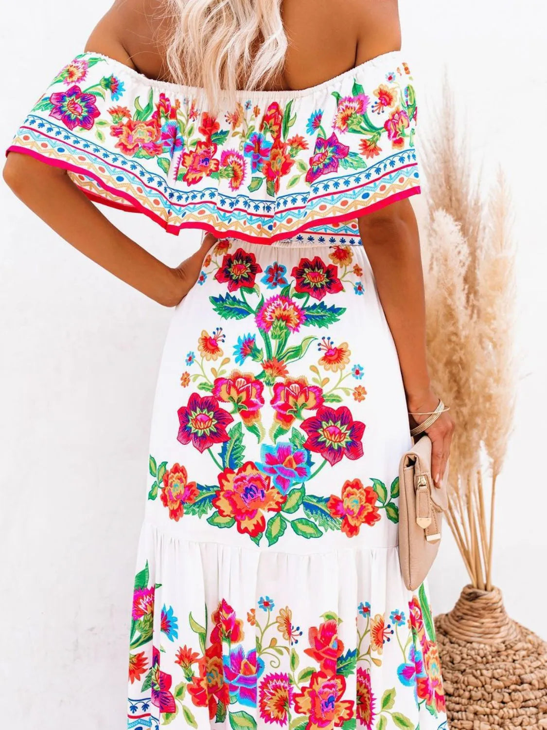 Floral Off Shoulder Ruffle Maxi Dress for Women - Summer Beach Vacation, Resort Wear & Boho Party Outfit