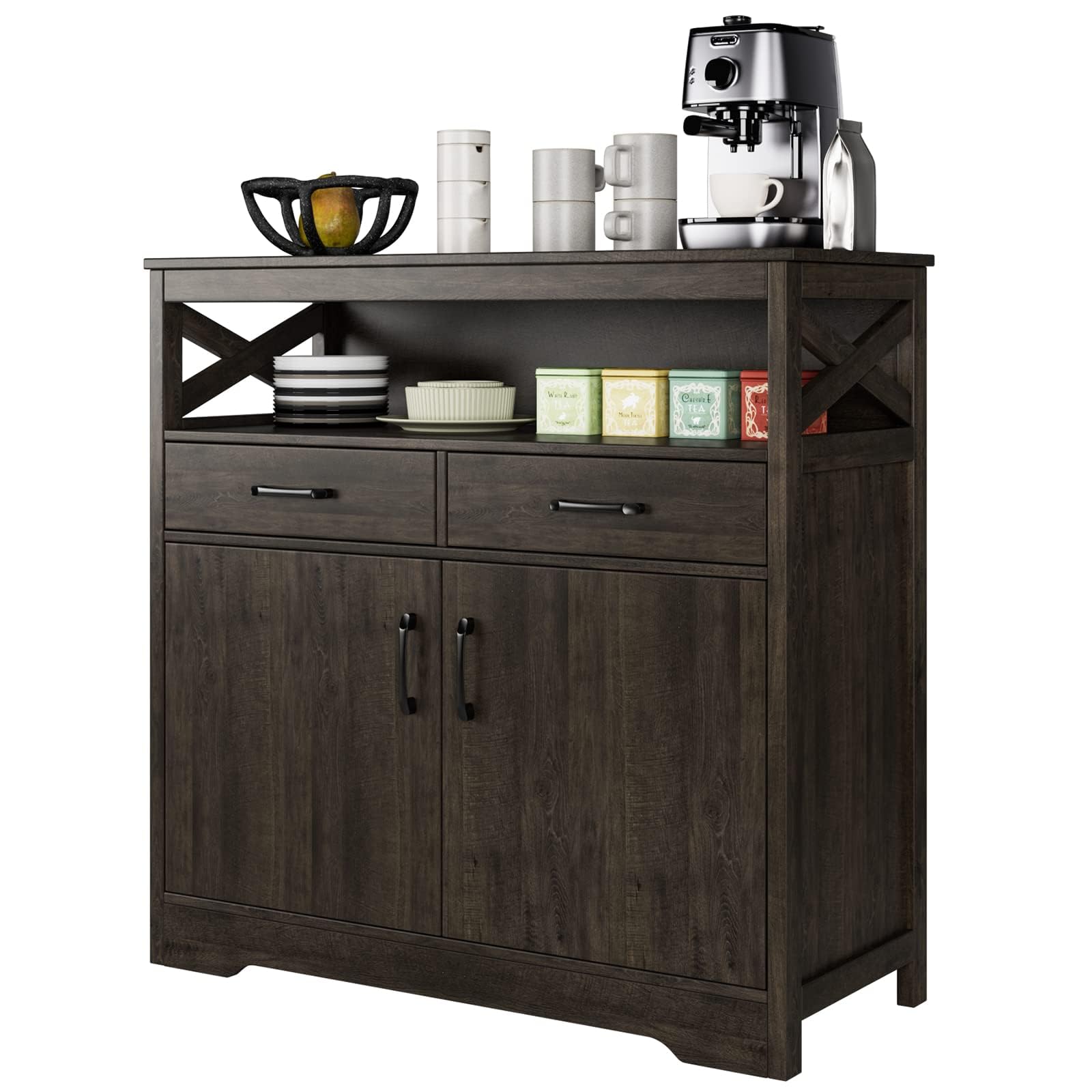 Modern Farmhouse Buffet Sideboard - Wooden Kitchen Storage Cabinet with Shelves, Doors & Drawers - Coffee Bar & Living Room Floor Cupboard - Dark Brown - Perfect for Dining Room Storage, Kitchen Organization & Coffee Station Setup