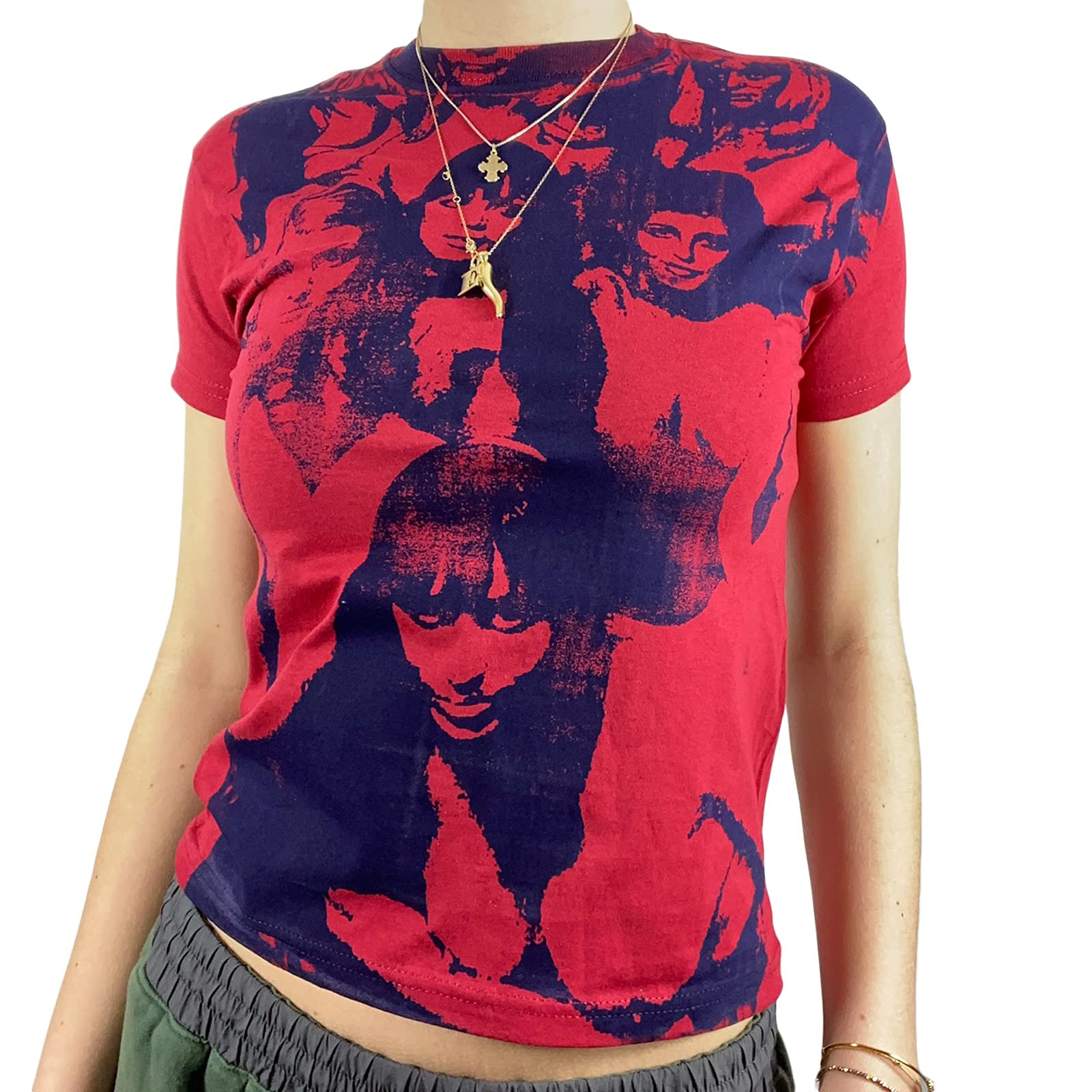 Y2K Women's Crop Top with Face Portrait Print - Short Sleeve Slim Fit Tee Tank Top for E-Girl Summer Fashion | Perfect for Concerts, Beach Outings & Streetwear Style