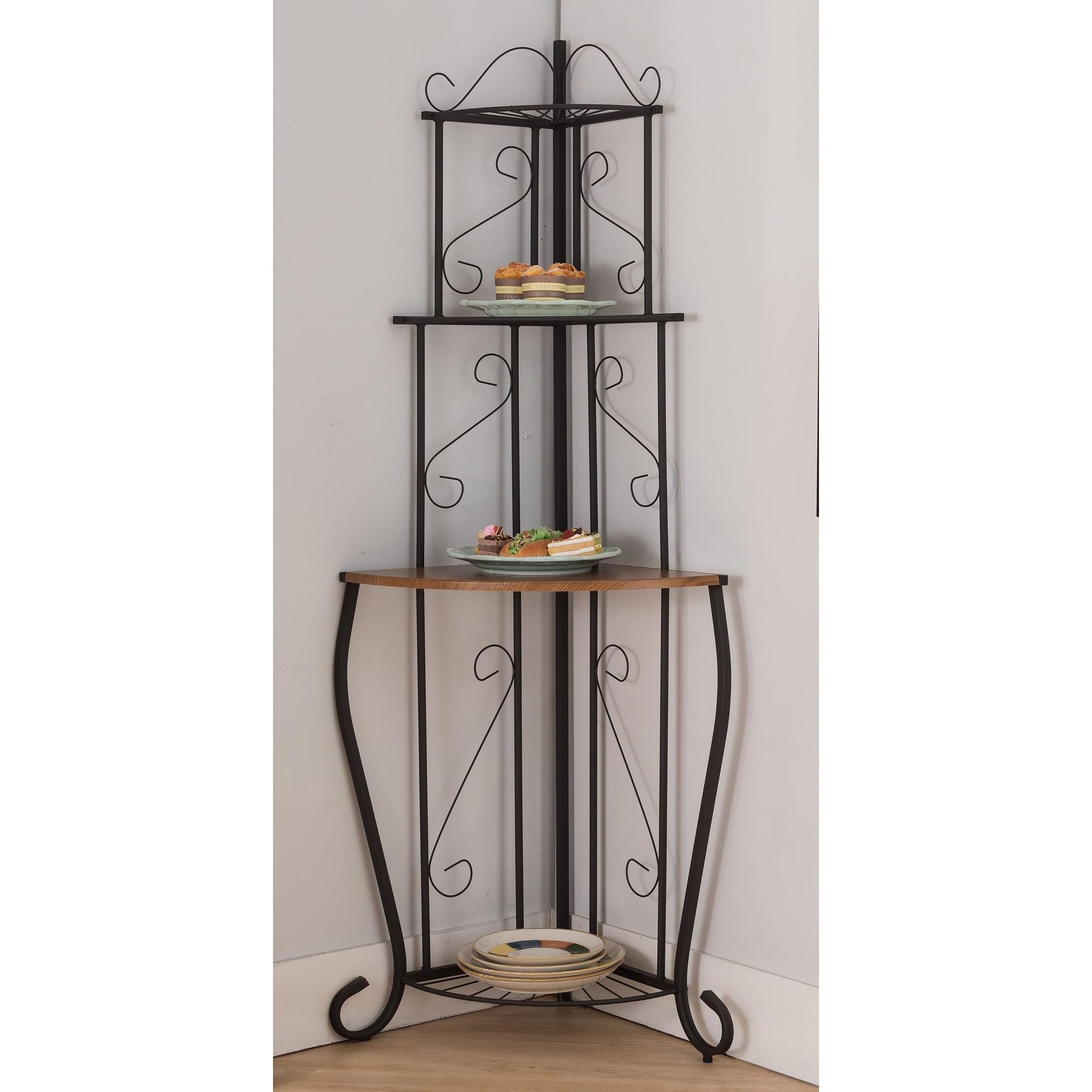 Sturdy Black Metal Tube Corner Kitchen Bakers Rack - Space-Saving Storage Shelf for Small Kitchens, Pantry Organization & Baking Supplies