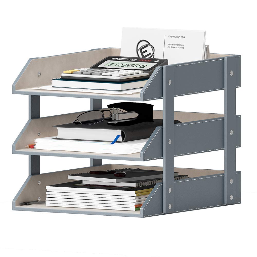 Premium Leather Desk Organizer - 3-Tier Stackable Letter Tray for Office Supplies, Files, Magazines & Paperwork | Modern Desktop Organization Solution for Home & Office (Grey, 3-Tier) | Perfect for Workspace Decluttering & Productivity Boost
