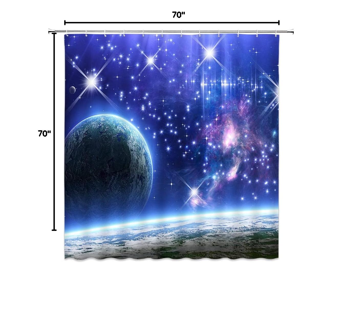 Blue Galaxy Shower Curtain - Starry Sky Space Design with Planets & Earth Print - Waterproof Bathroom Decor with Hooks 70x70 Inches - Perfect for Cosmic Themed Bathrooms & Kids' Space Rooms