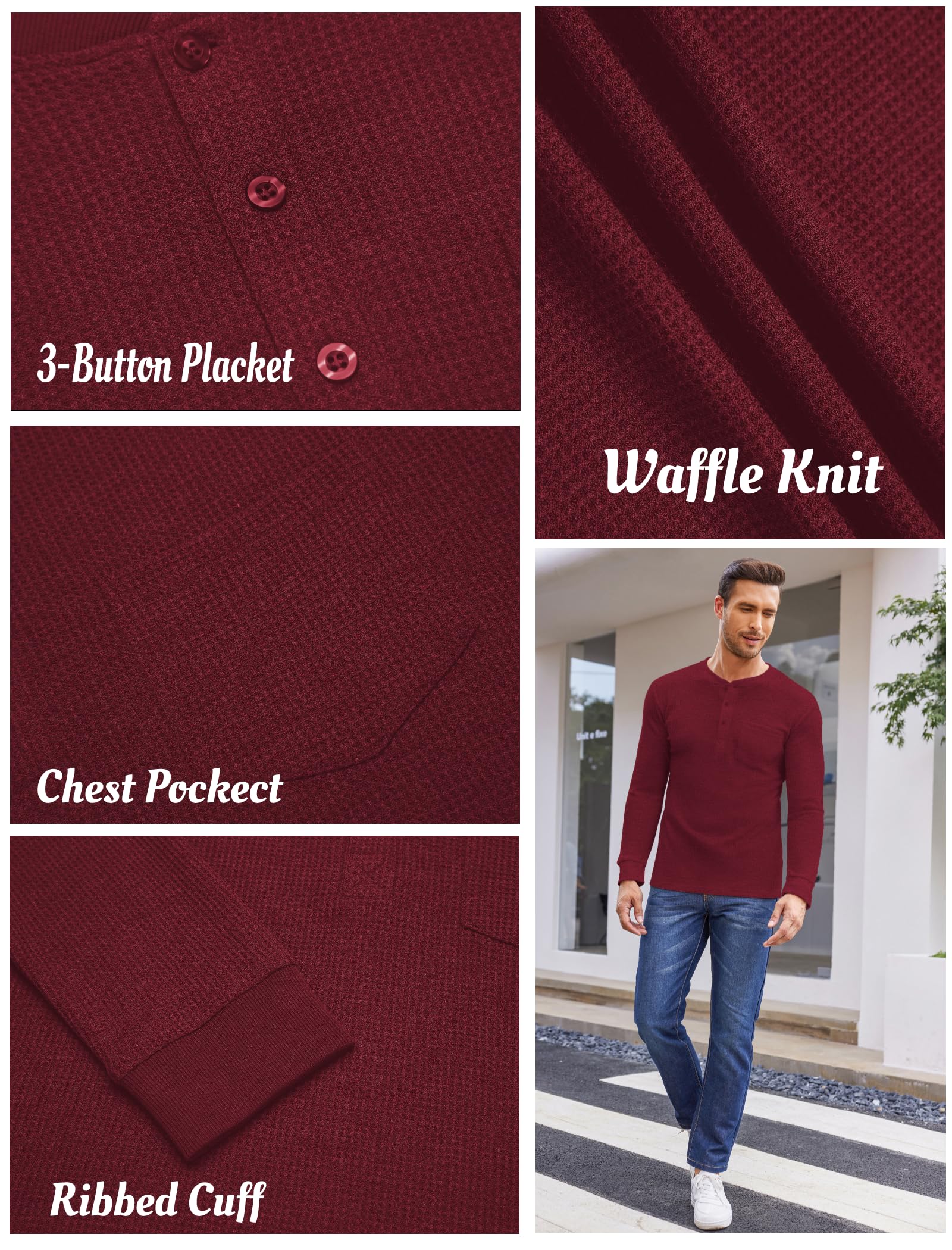 COOFANDY Men's Henley Shirts Long Sleeve Waffle Pique Pullover T-Shirt with Pocket - Casual Button Down Shirt for Everyday Wear, Date Night & Outdoor Activities