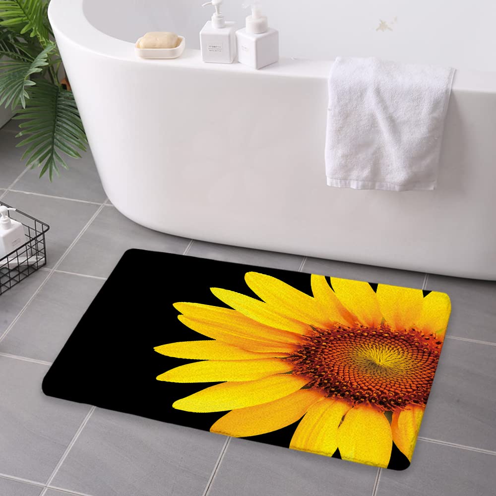 Premium Sunflower Bath Rug - Ultra Absorbent Memory Foam Bath Mat with Non-Slip Backing, Black & Yellow Summer Flower Design, 29.5