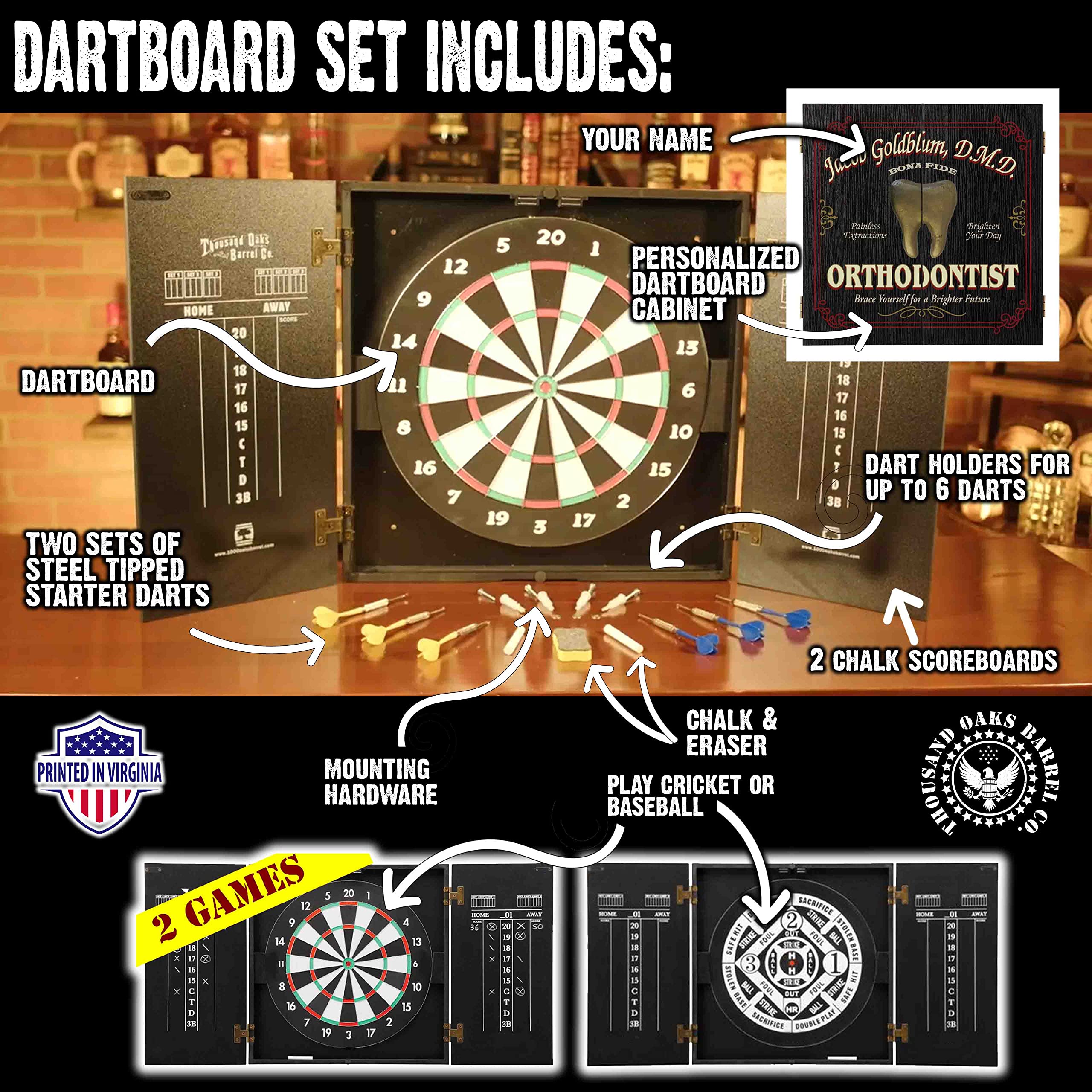 THOUSAND OAKS BARREL CO. Personalized Dartboard Cabinet Set with 6 Steel Tip Darts - Professional Bristle Dart Board for Adults - Includes Eraser & Chalk Scoreboard - Perfect for Game Rooms, Bars, and Man Caves