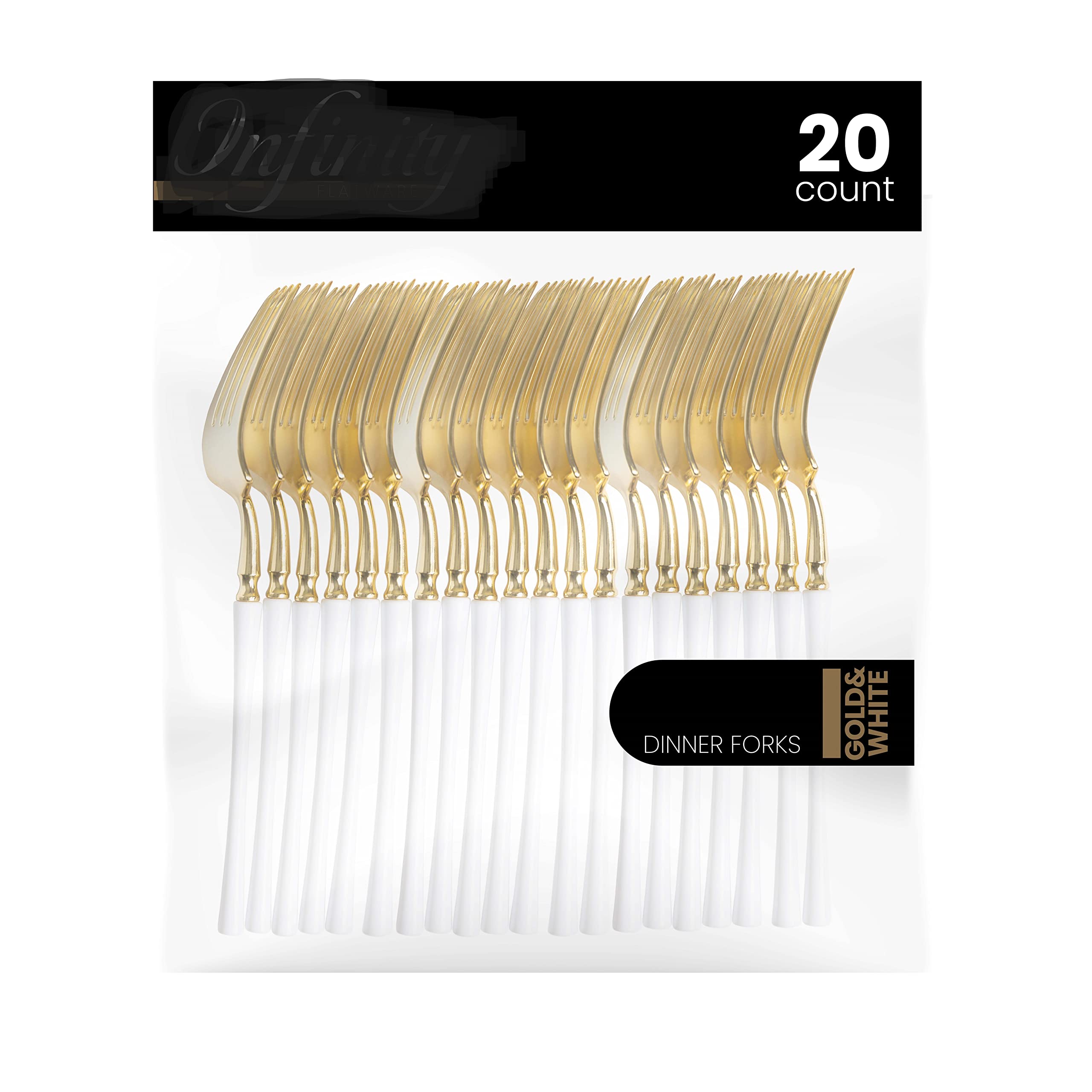 Premium 20-Pack Gold & White Plastic Dinner Forks - Heavy Duty Disposable Silverware for Parties, Weddings, Catering & Elegant Events - Durable Two-Tone Elegant Cutlery Set