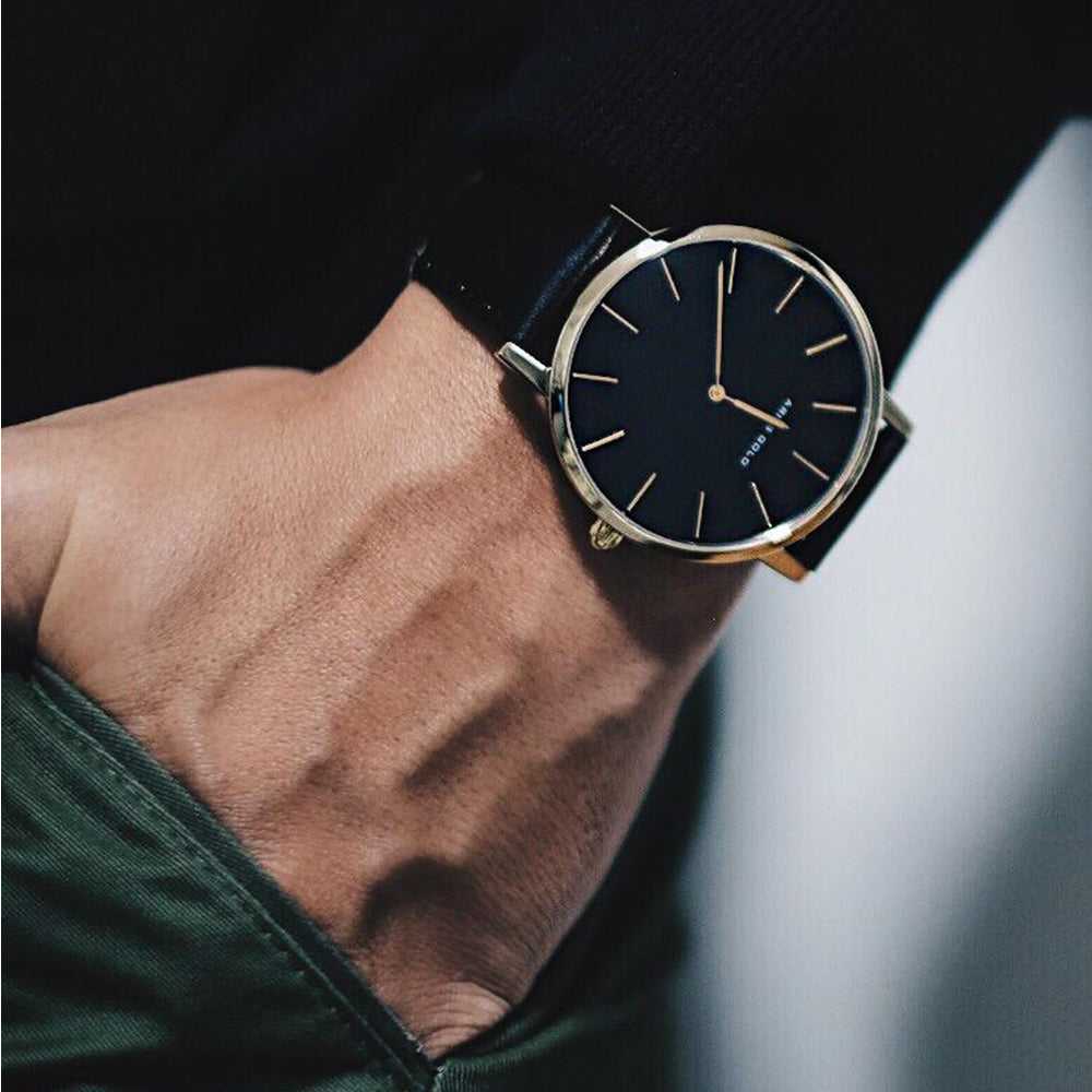 ARIES GOLD URBAN SANTOS G 1022 G BK Black Leather Strap Men's Watch - Luxury Dress Watch for Business & Formal Occasions