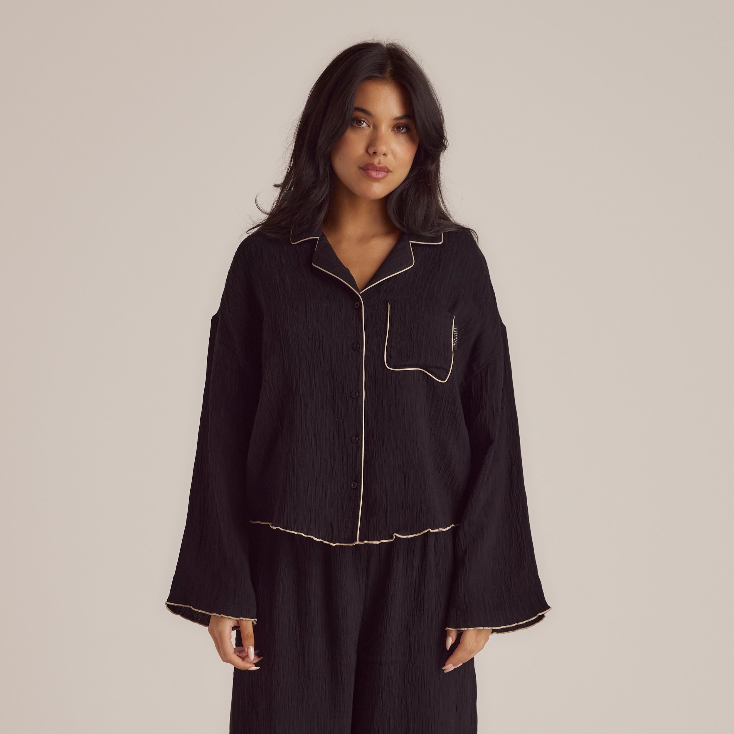 Crinkle Pajama Shirt for Women - Soft & Comfortable Black Sleepwear - Perfect for Lounge, Sleep & Relaxation at Home