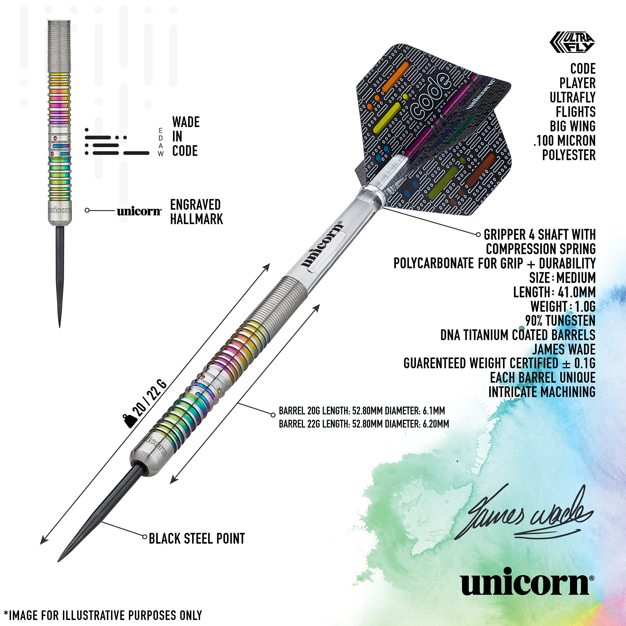 Professional Unicorn Steel Tip Darts Set - 90% Tungsten Barrels with Titanium Accents | James Wade Signature Series | Perfect for Tournament Play & Home Dartboard Practice