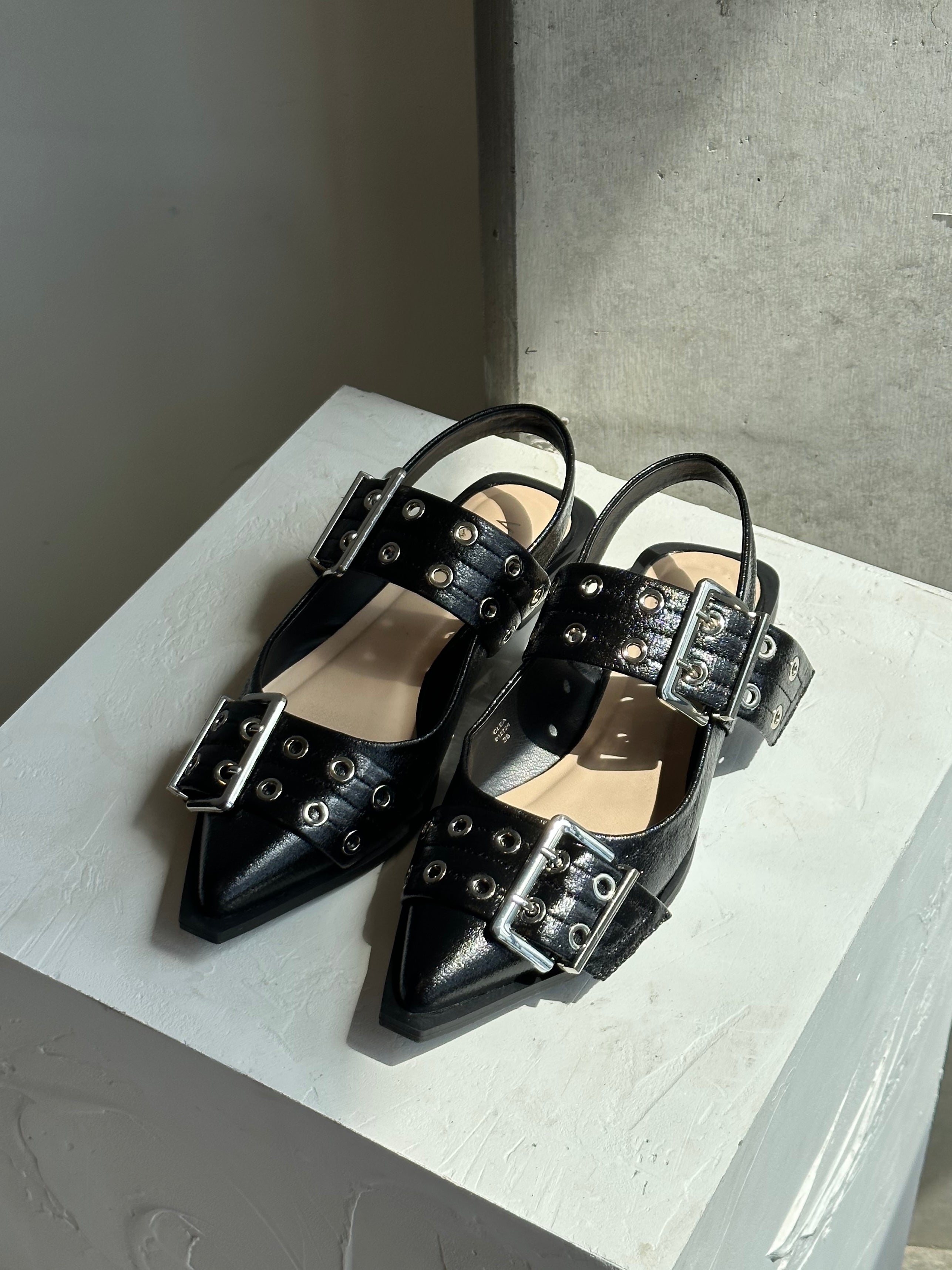 Clea Slingback Buckle Flats - Black Crinkle Leather Comfortable Women's Shoes for Work, Office & Casual Wear