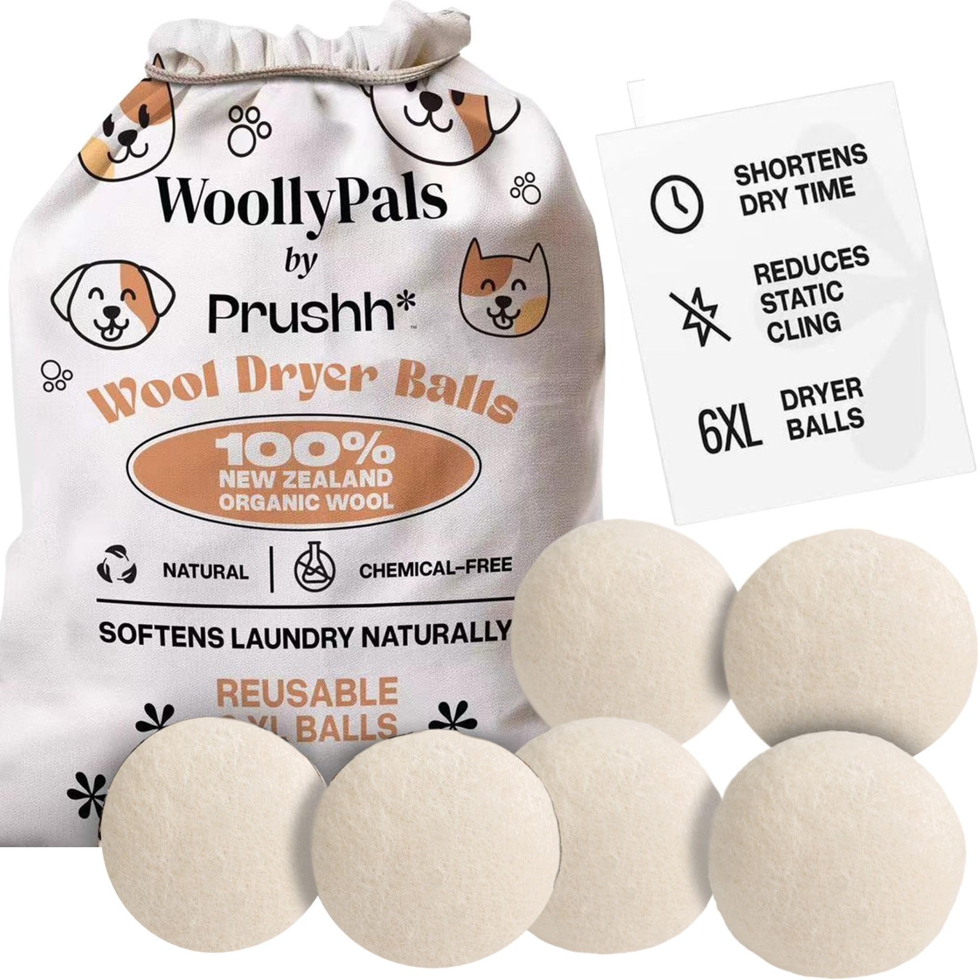 WoollyPals 100% New Zealand Wool Dryer Balls (6-Pack, XL Size) - Eco-Friendly Reusable Laundry Softener - Reduce Drying Time & Static Cling - Includes Storage Bag (Plain White) - Perfect for Organic Cotton, Baby Clothes & Sustainable Homes