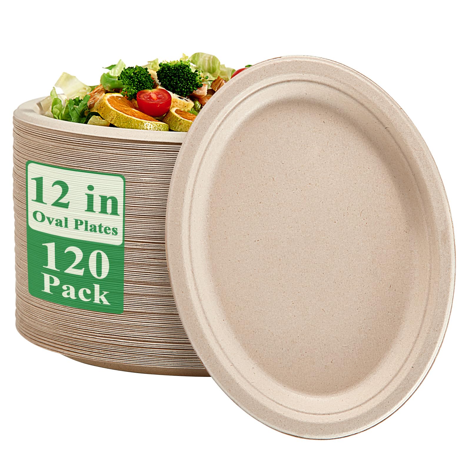 Vplus 100% Compostable Oval Paper Plates 12 Inch - 120 Pack Super Strong Disposable Dinner Plates | Natural Biodegradable Eco-Friendly Sugarcane Plates for BBQ, Party, Gathering, Picnic & Everyday Use | Perfect for Outdoor Events, Family Dinners & Sustainable Living