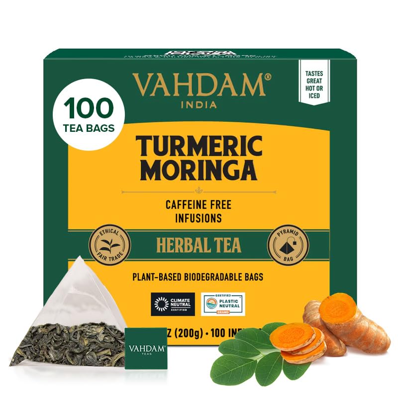VAHDAM Turmeric Moringa Tea Bags - 100 Count | Caffeine Free Herbal Tea | Non-GMO, Gluten Free | 100% Pure Natural Ingredients | Sweet Earthy Flavor | Resealable Ziplock Pouch | Perfect for Relaxation, Detox & Wellness