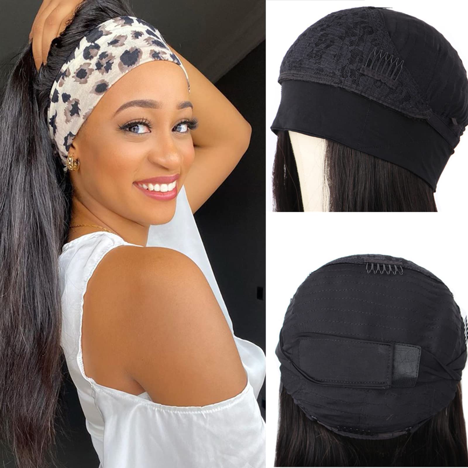 ISEE 10A Headband Wig Straight Human Hair Wigs for Black Women - 180% Density Brazilian Virgin Hair Machine Made Headband Wig, Non Lace Front Human Hair Wigs 24 Inch - Perfect for Daily Wear, Parties, and Special Occasions