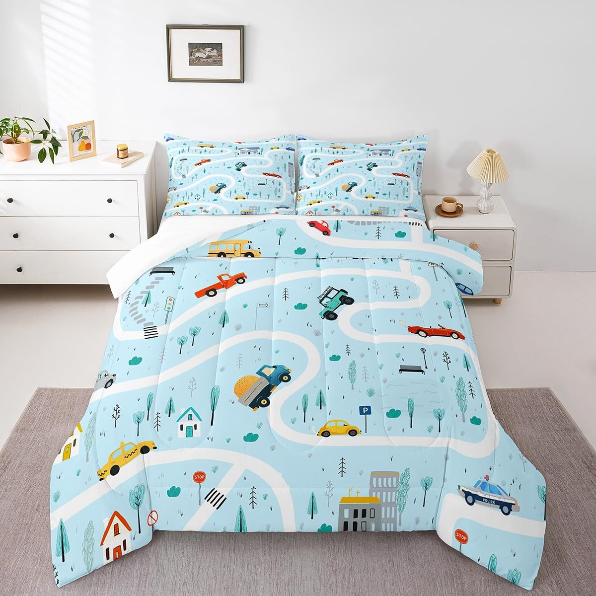 Cartoon Cars Comforter Set for Teens - Twin Size 2-Piece Transportation Themed Bedding with Quilted Duvet & Pillowcase | City Road Design Kids Room Decor | Perfect for Boys' Bedroom, Dorm, or Nursery