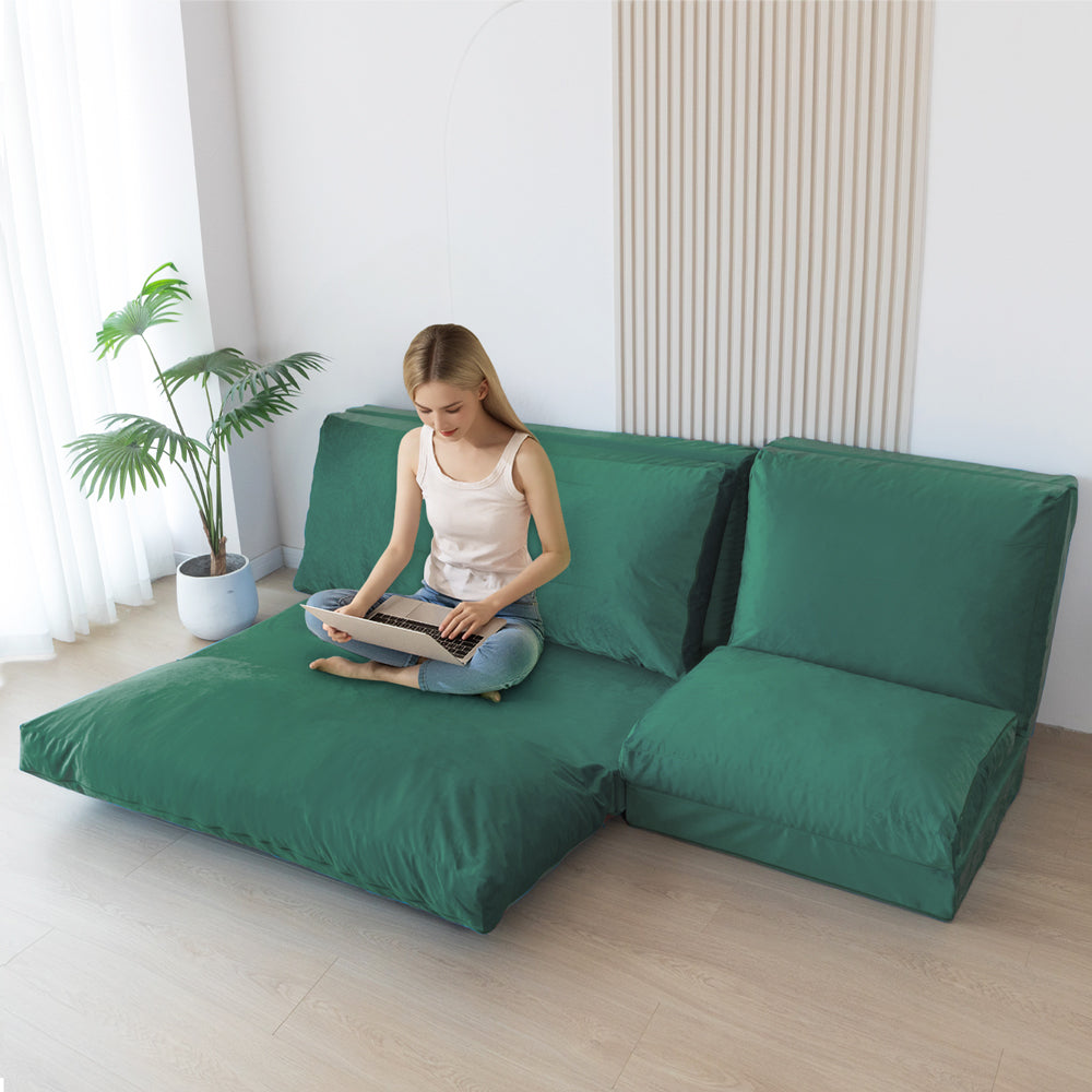MAXYOYO Velvet Bean Bag Folding Sofa Bed - Washable Cover for Adults, Green | Portable Floor Lounger for Living Room, Bedroom & Dorm