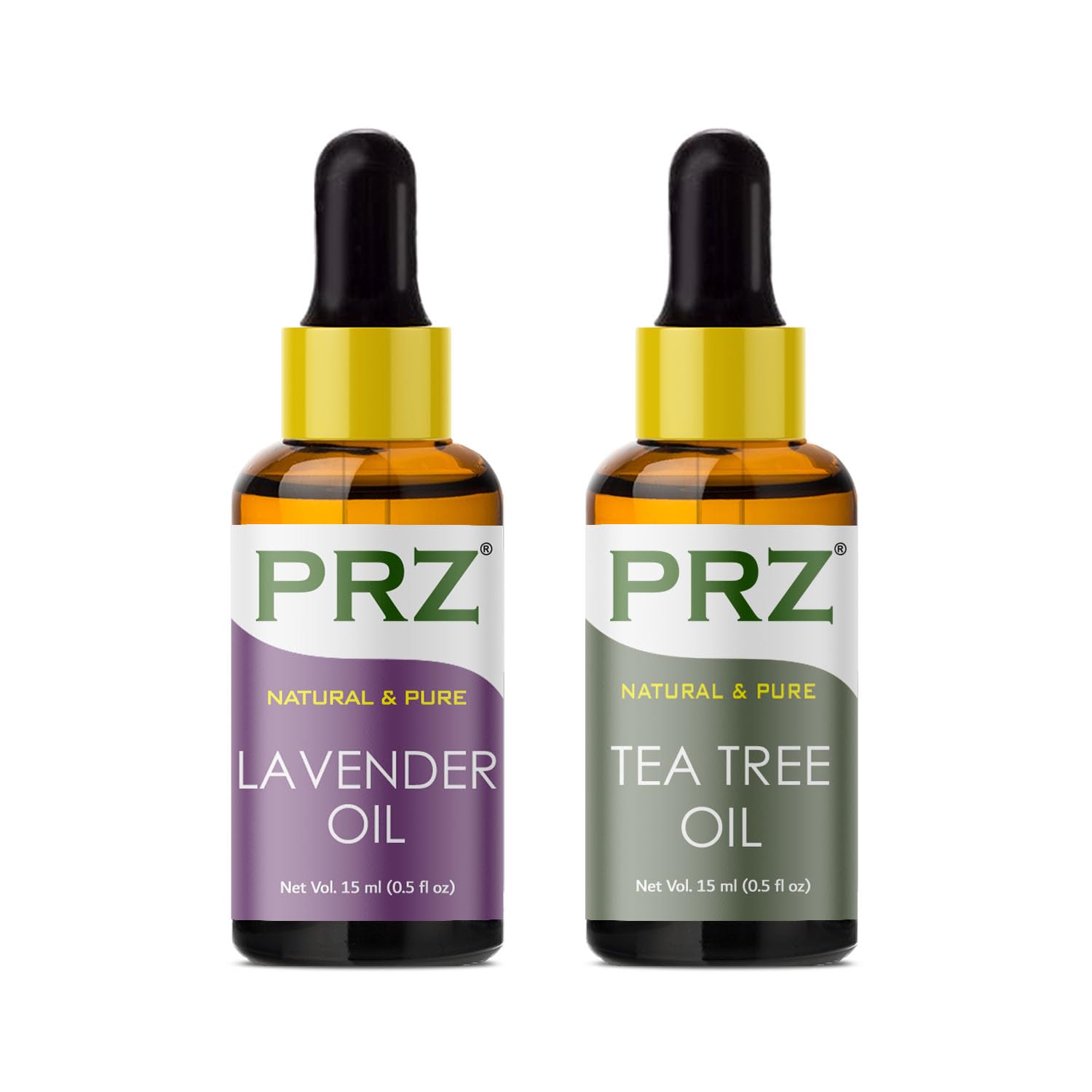 PRZ Lavender & Tea Tree Essential Oil Set - 100% Pure Natural Therapeutic Grade for Aromatherapy, Massage, Skin & Hair Care (15mL Each) | Relaxation, Stress Relief & Home Spa Use