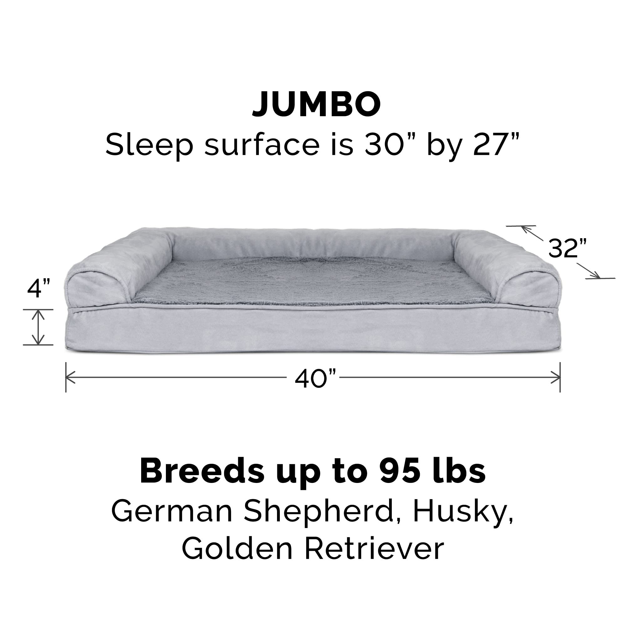 Furhaven Orthopedic Memory Foam Dog Bed for Large Dogs up to 95 lbs - Plush & Suede Sofa-Style Pet Bed with Removable Bolsters & Machine Washable Cover - Gray Jumbo/XL Size - Perfect for Living Room, Bedroom or Crate Comfort