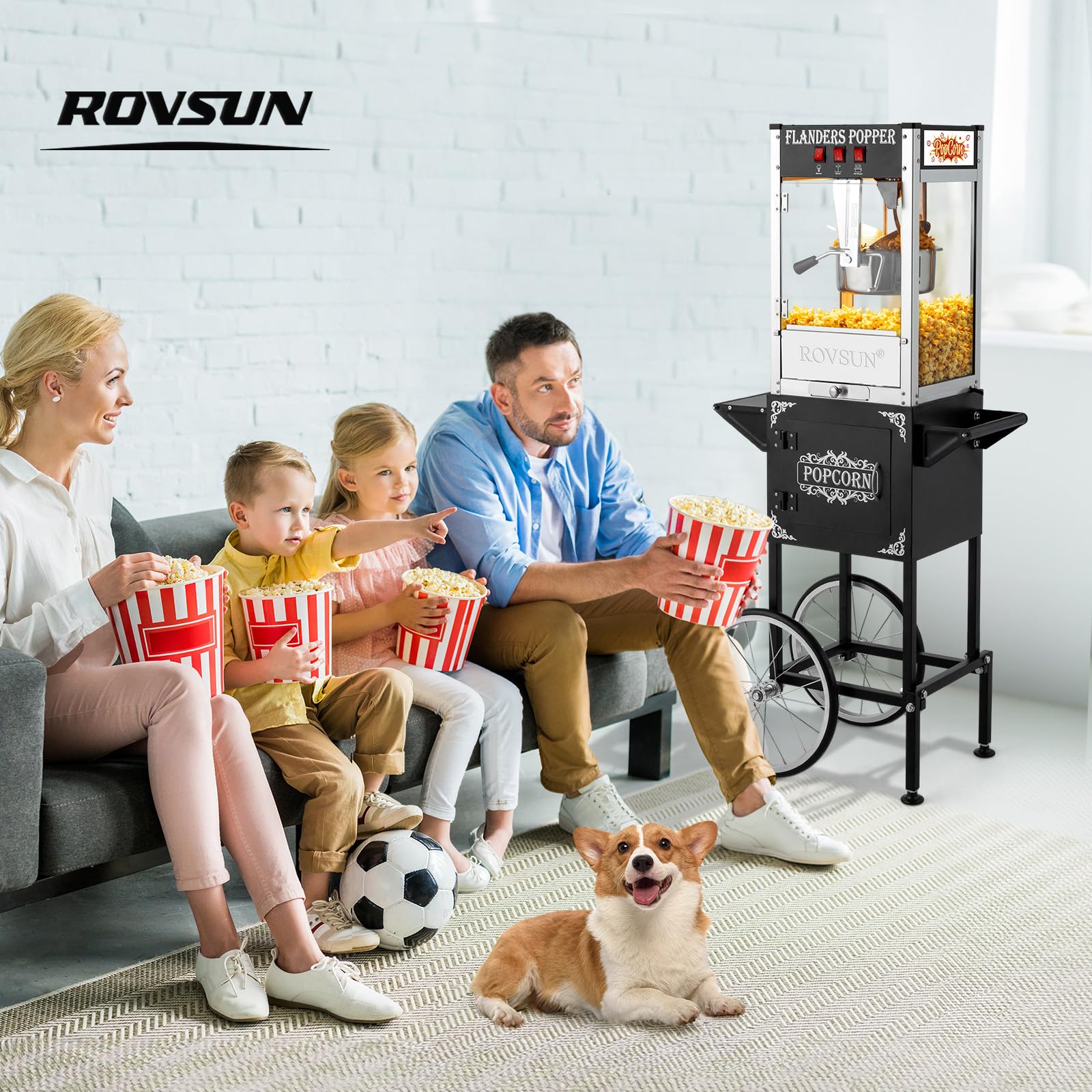 ROVSUN Commercial Popcorn Machine with Cart - 8 Oz Kettle Makes 32 Cups, Includes Wheels, Stainless Steel Scoop, Oil Spoon & 3 Popcorn Cups - Perfect for Home Theater, Movie Nights, Parties & Events (Black)