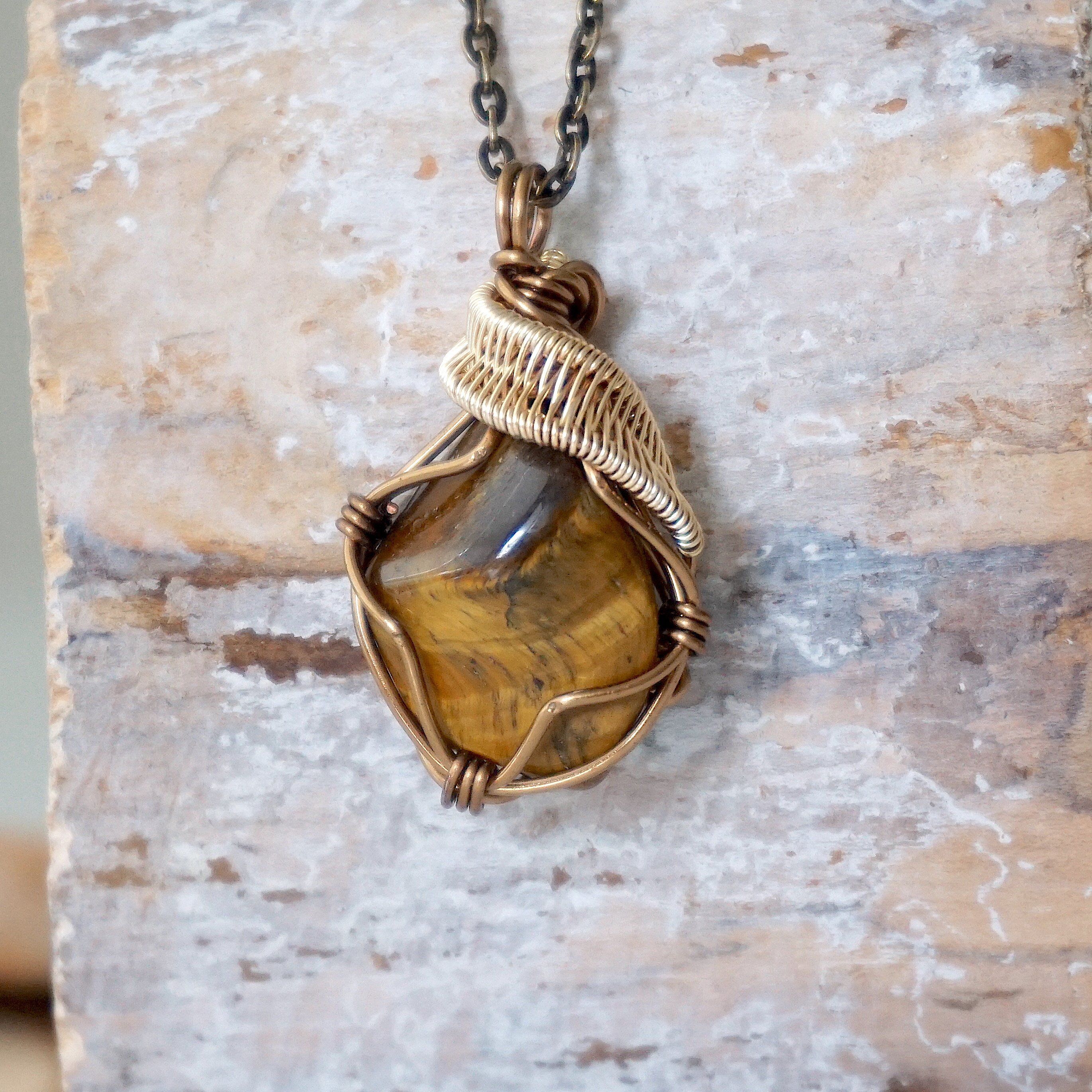 Handmade Wire Wrapped Raw Tiger's Eye Pendant Necklace - Antique Bronze & Gold Plated Jewelry for Women - Perfect for Boho Style, Spiritual Healing & Everyday Wear