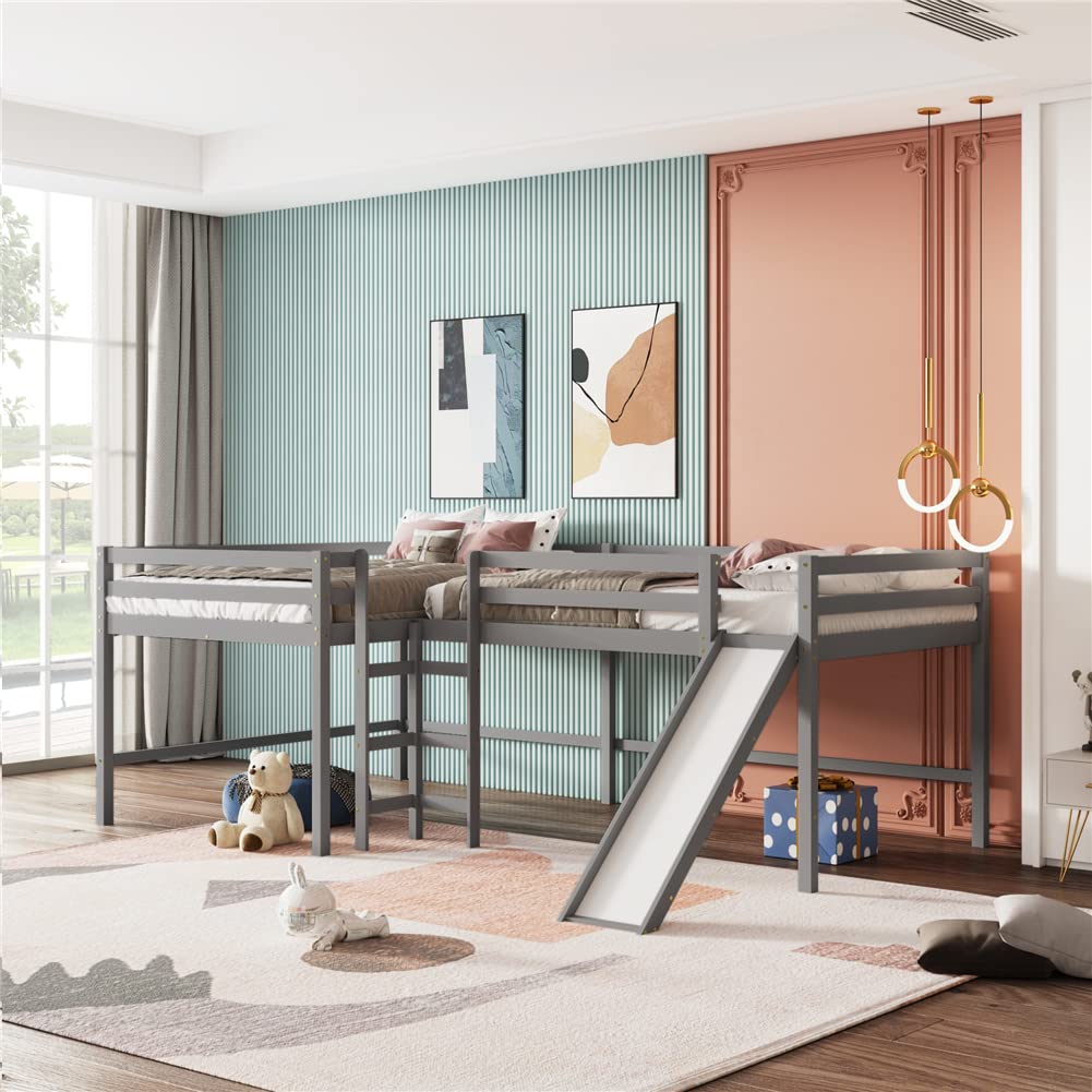 L-Shaped Loft Bed with Slide - Full Size Wooden Loft Bed Frame with Built-in Ladder & Corner Design - Space-Saving Bunk Bed for Kids & Teens Bedroom, Dorm Room or Small Spaces