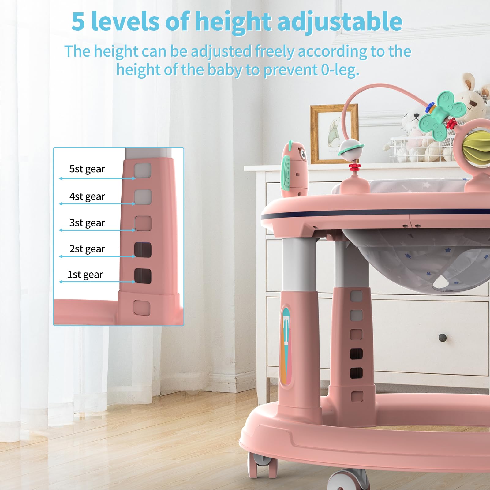 Adjustable Baby Walker for 6-12 Months - 5 Height Settings, 360° Swivel Seat with Music & Detachable Toys | Safe Activity Center for Boys & Girls (Pink) | Perfect for Learning to Walk & Indoor Play