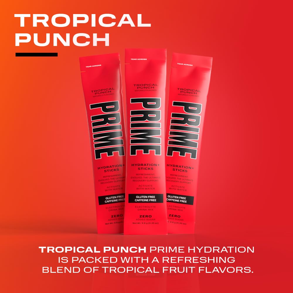 PRIME HYDRATION+ Sticks TROPICAL PUNCH - Electrolyte Powder Packets for Hydration On The Go | Low Sugar, Caffeine-Free, Vegan | 6 Single Serve Sticks | Perfect for Workouts, Travel & Outdoor Activities