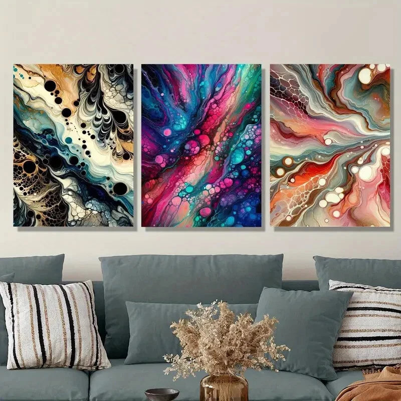 3pcs Abstract Gradient Bubble Colorful Fluid Art Metal Prints - Ready to Hang Wall Decor for Living Room, Bedroom & Office