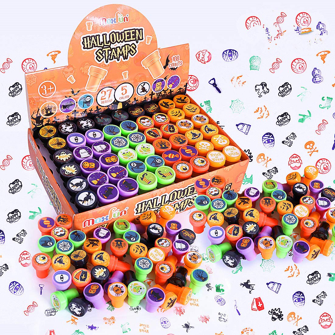108Pcs Halloween Stamps Set - 27 Fun Designs, 5 Colors Trick or Treat Stamps for Kids Party Favors, Classroom Rewards & Goodie Bags - Perfect for Halloween Crafts, DIY Treat Bags & School Activities (Halloween Stampers)