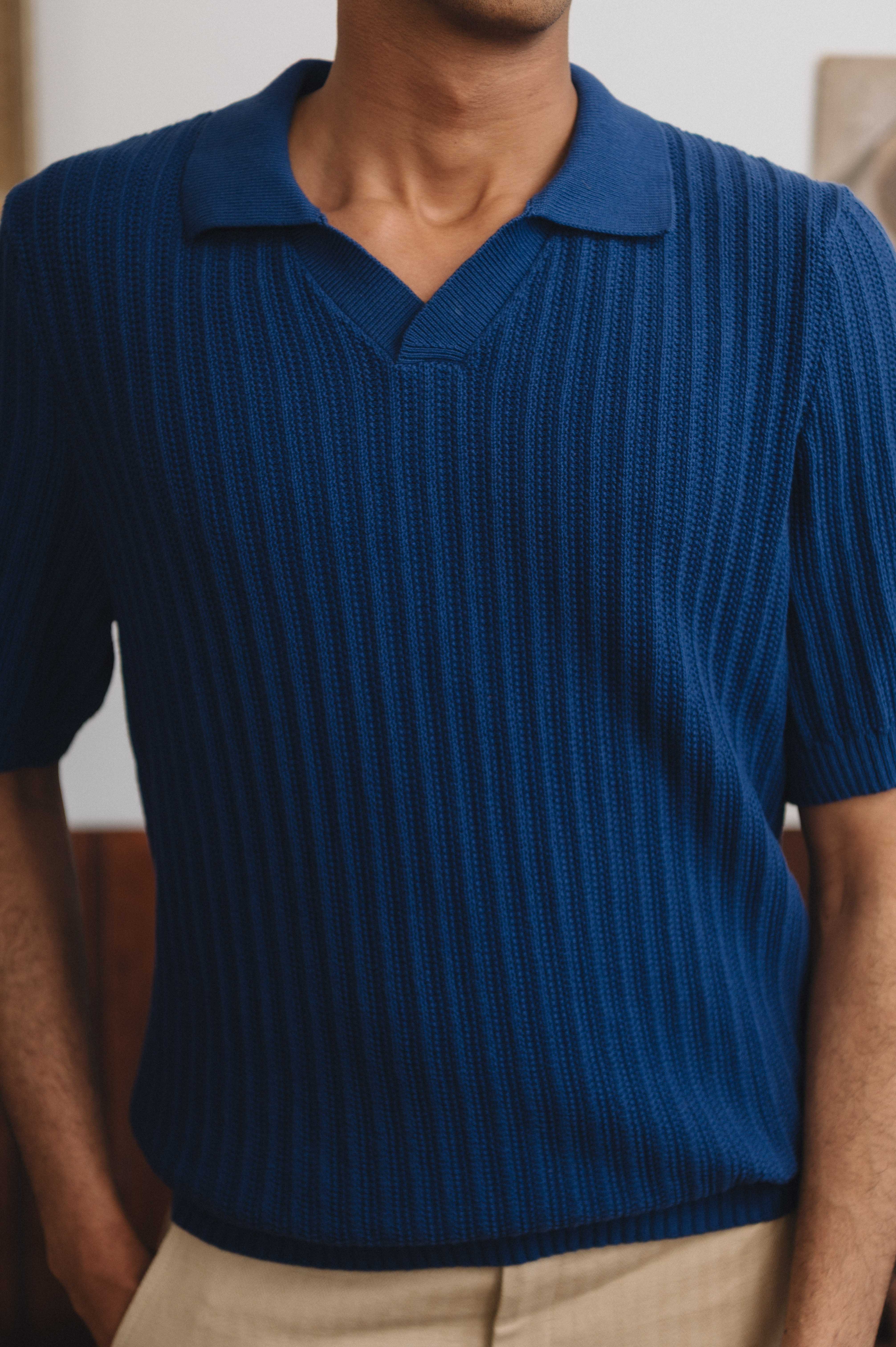 Cobalt Blue Textured Rib Resort Polo Shirt for Men - Breathable & Stylish Casual Wear for Beach, Vacation & Summer Outfits