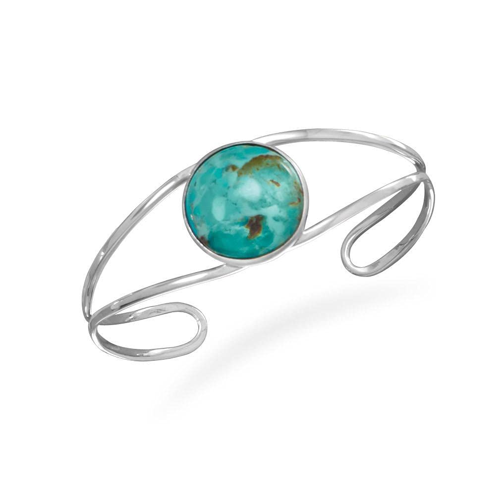 925 Sterling Silver Open Band Cuff Bracelet with Simulated Turquoise Stone - 18.5mm Round Boho Jewelry for Women - Perfect for Everyday Wear, Parties & Gifts
