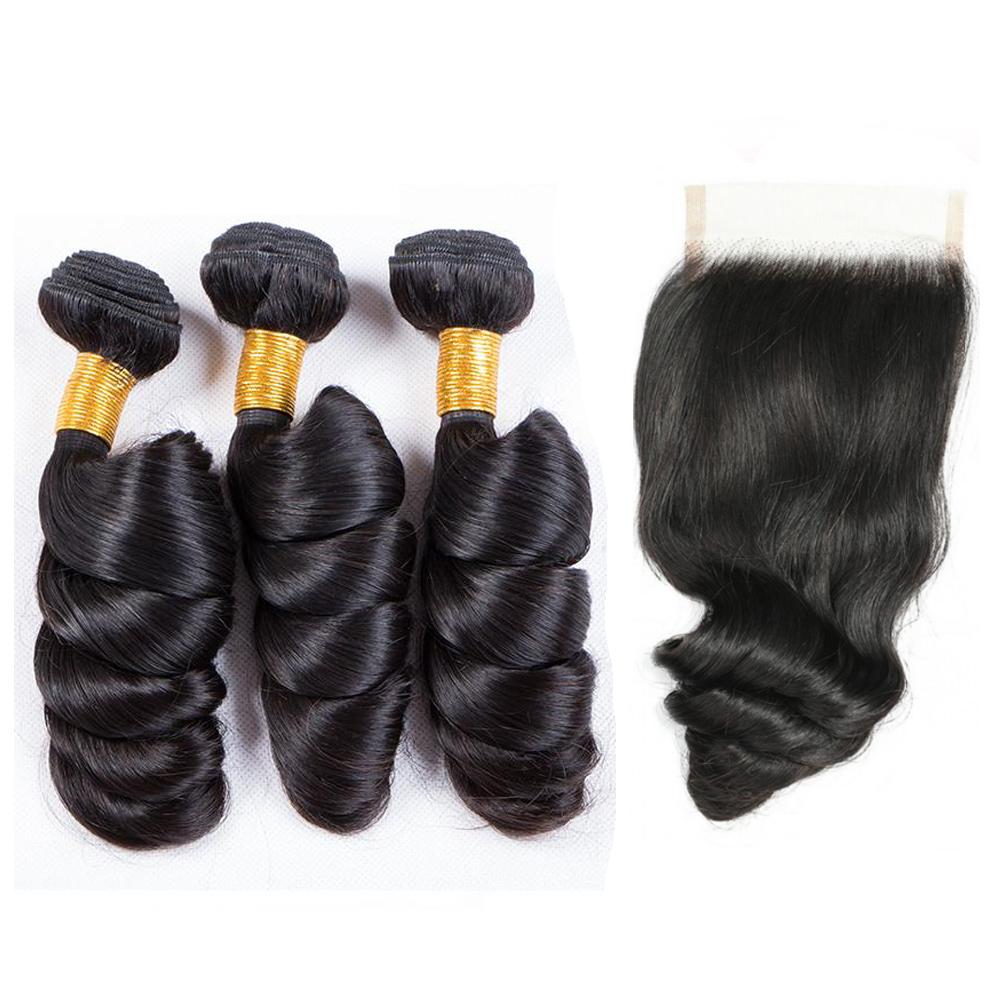 Premium Virgin Human Hair Bundles with Closure - 100% Natural Black Loose Wave Hair Extensions for Stunning Hairstyles | Perfect for Daily Wear, Parties & Special Occasions