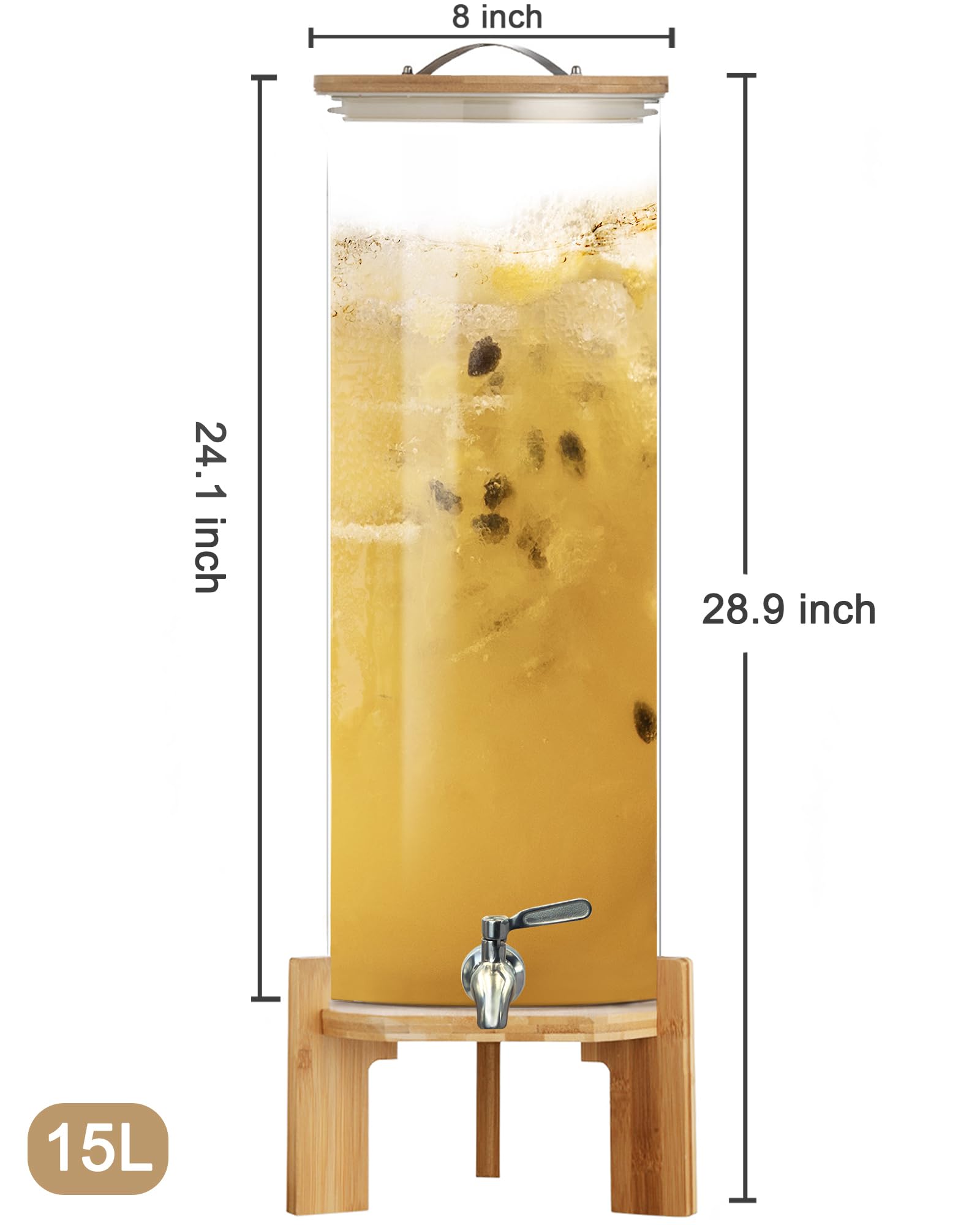4 Gallon Glass Beverage Dispenser with Stand & Stainless Steel Spigot - 15L/4G Large Capacity Drink Dispenser for Parties, Bars, Restaurants - Perfect for Lemonade, Iced Tea, Cocktails & Outdoor Events