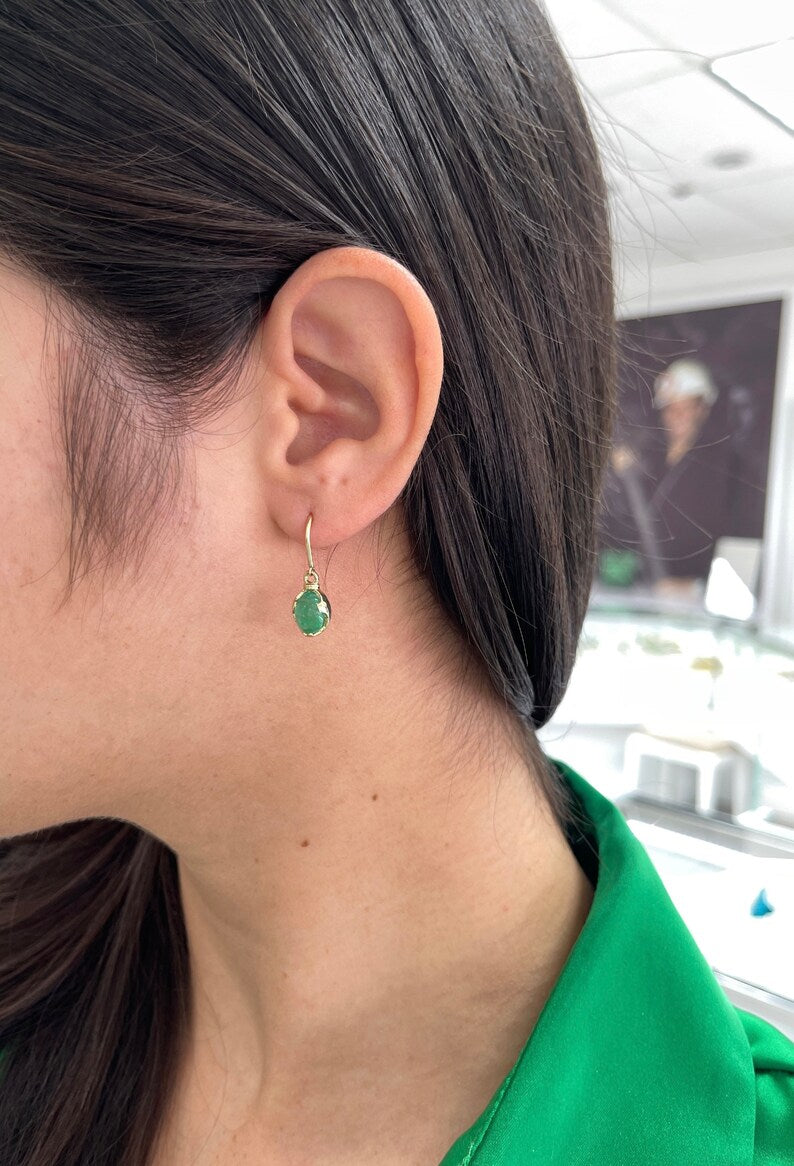 3.60tcw 14K Gold Natural Oval Cabochon Cut Emerald Solitaire Dangle Earrings for Women | Elegant Wire Hook Earrings for Party, Wedding & Everyday Wear