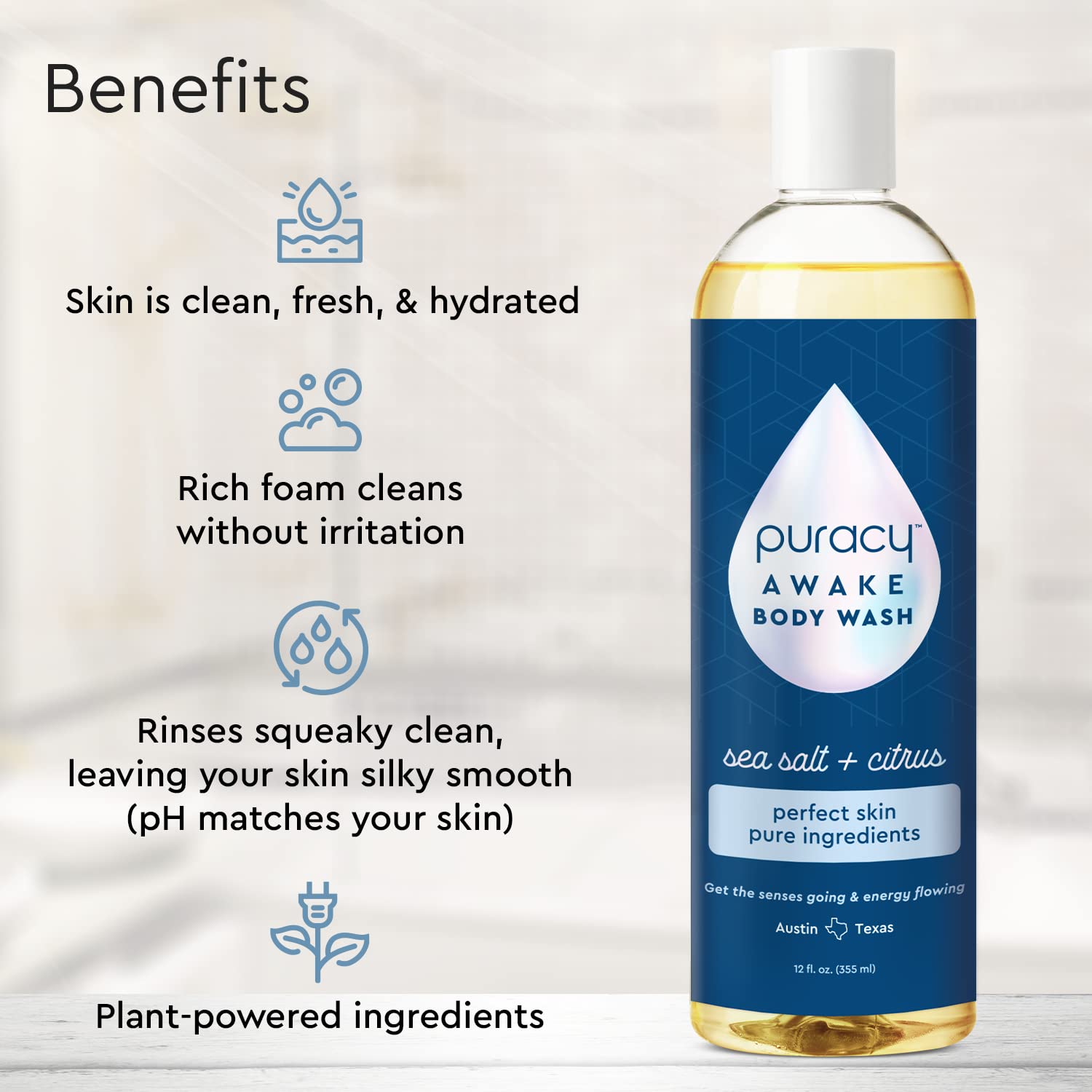 Puracy Natural Body Wash - 98.6% Pure Plant-Based Shower Gel for Women, Men & Kids | Moisturizing Body Soap for Dry & Sensitive Skin | Citrus & Sea Salt Scent | 12 Oz (2-Pack) | Perfect for Daily Hydration & Gentle Skin Care Routine