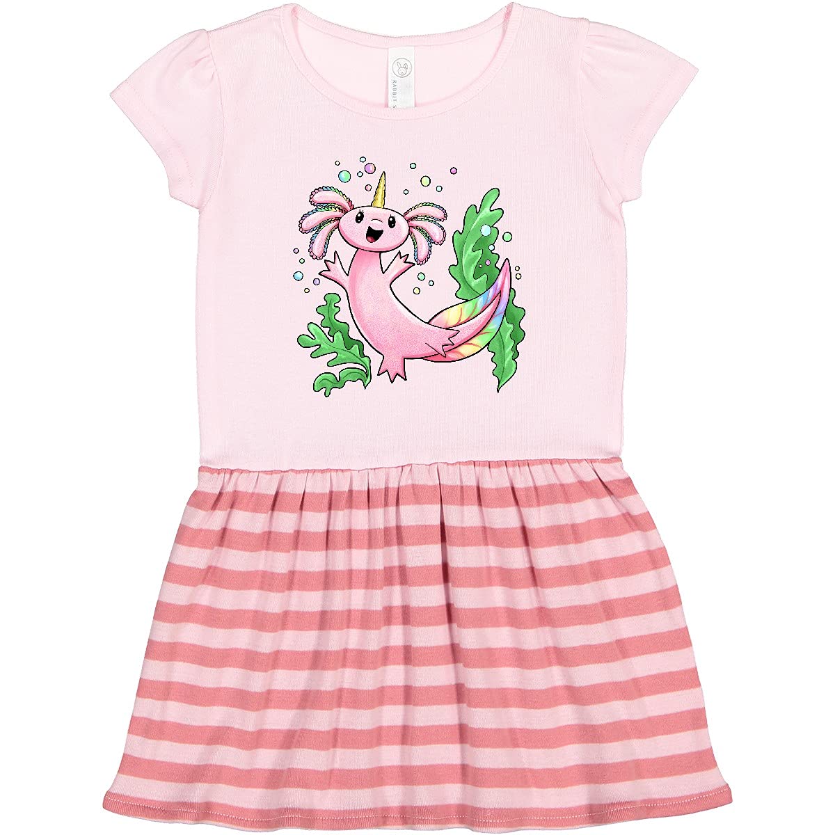 Inktastic Axolotl Unicorn with Rainbow Tail, Bubbles and Seaweed - Cute Toddler Dress for Girls | Perfect for Birthday Parties, Playdates & Casual Wear