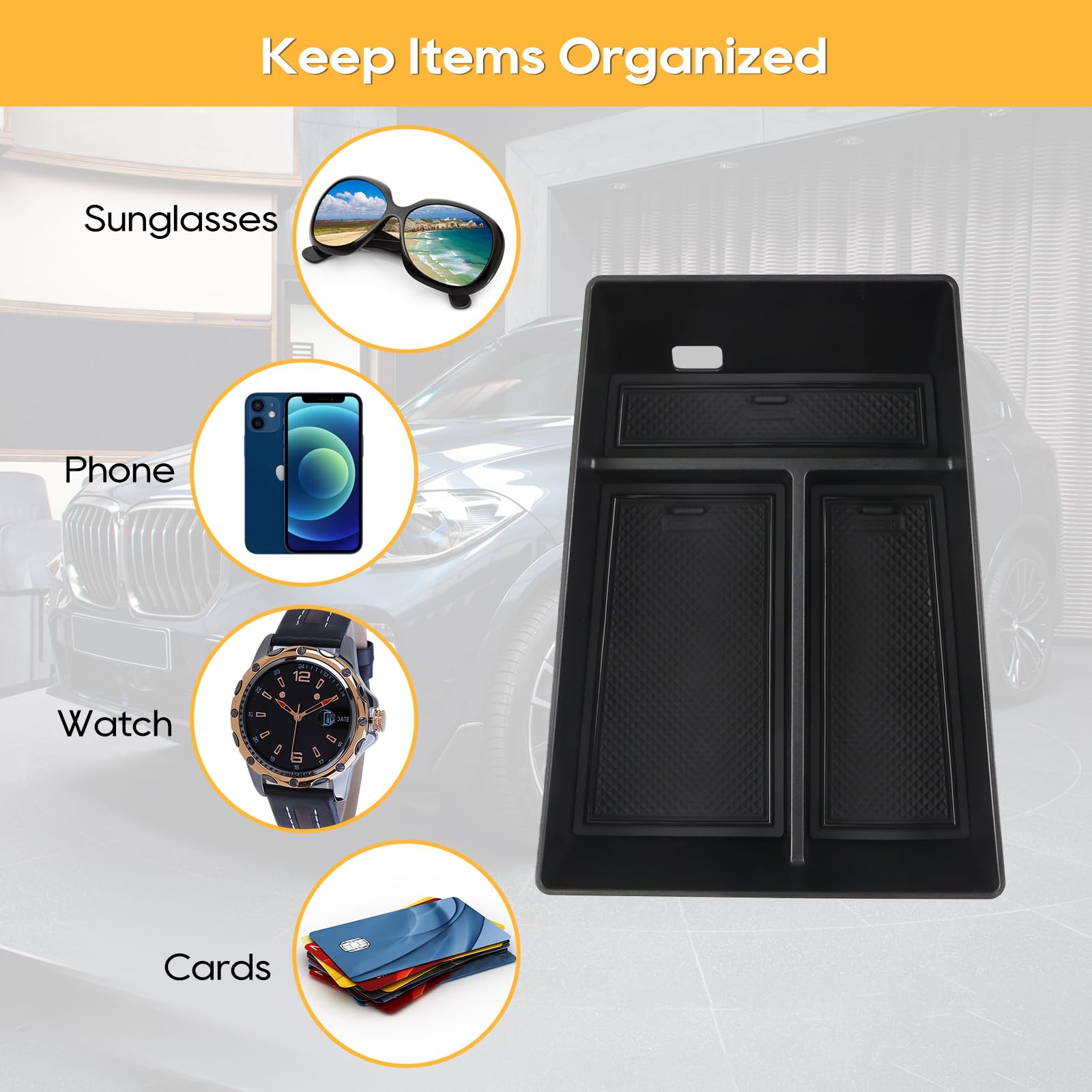 2023-2025 BMW X5 G05 X6 G06 X7 G07 Center Console Organizer Tray - Premium Armrest Storage Box with Coin & Sunglasses Holder Insert (Black Type B) | Perfect for Road Trips & Daily Commute Organization