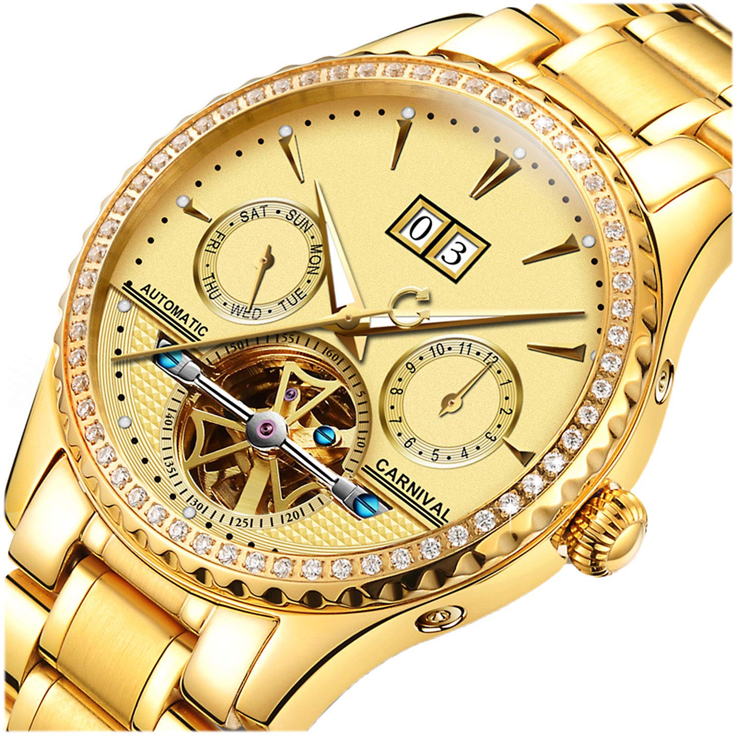 Luxury PASOY Men's Automatic Mechanical Tourbillon Watch - Stainless Steel Case, Blue Dial with Date & Diamond Markers (Gold) - Perfect for Business, Formal Events & Gift Giving